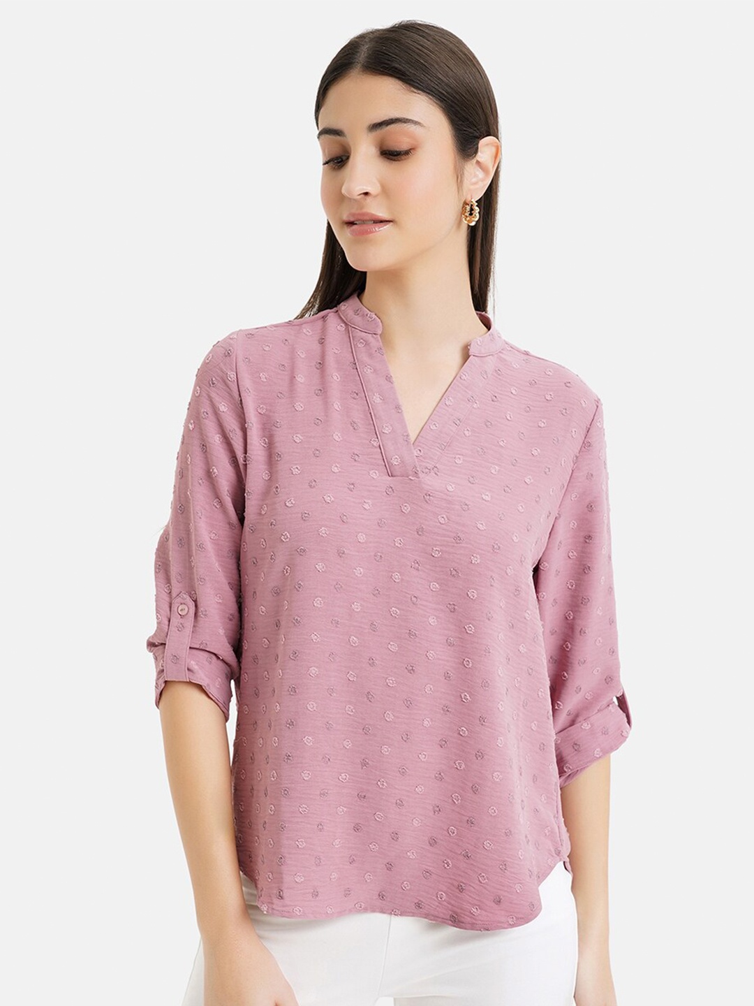 

Kazo Polka Dot Print Mandarin Collar Top, Pink