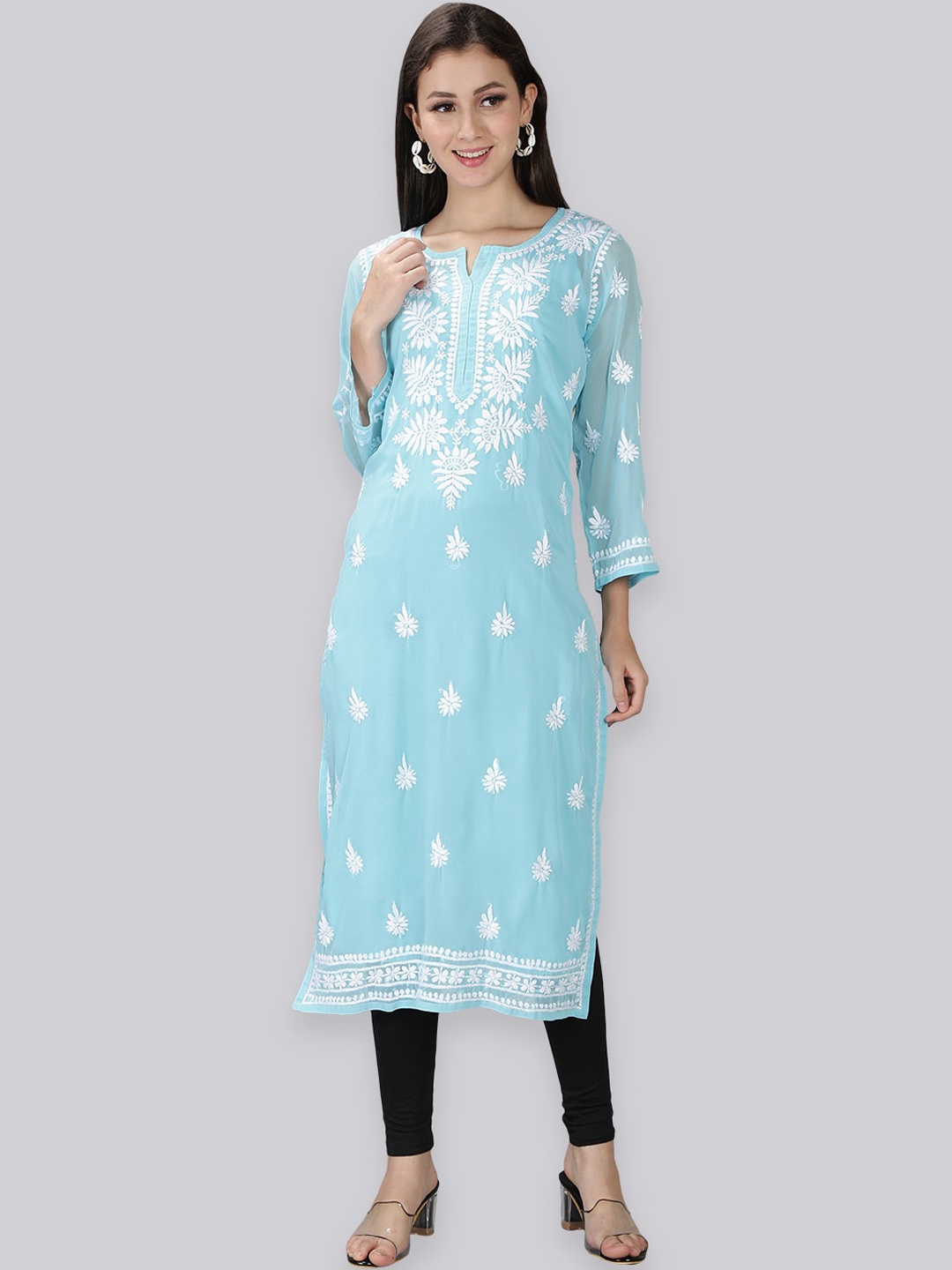 

Seva Chikan Chikankari Embroidered Round Neck Long Sleeve Thread Work Kurta With Inner, Blue