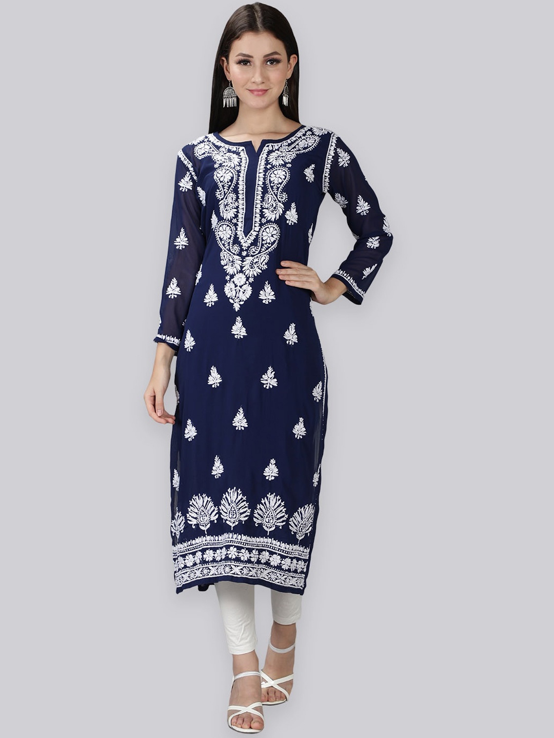 

Seva Chikan Paisley Embroidered Chikankari Kurta With Slip, Navy blue