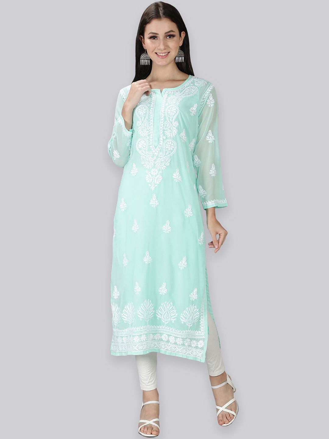 

Seva Chikan Paisley Embroidered Chikankari Straight Kurta With Slip, Sea green