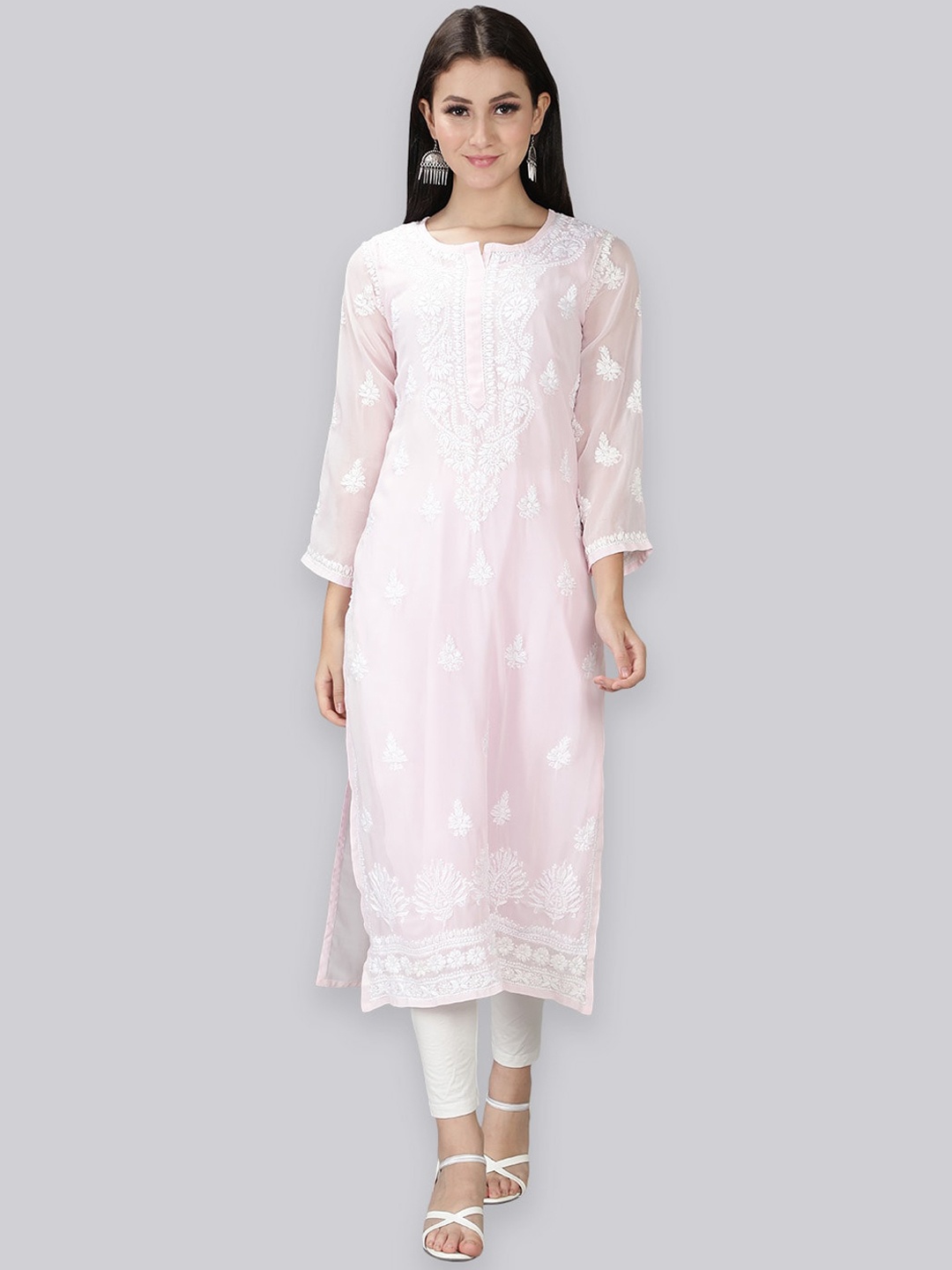 

Seva Chikan Ethnic Motifs Embroidered Chikankari Georgette Kurta With Slip, Pink