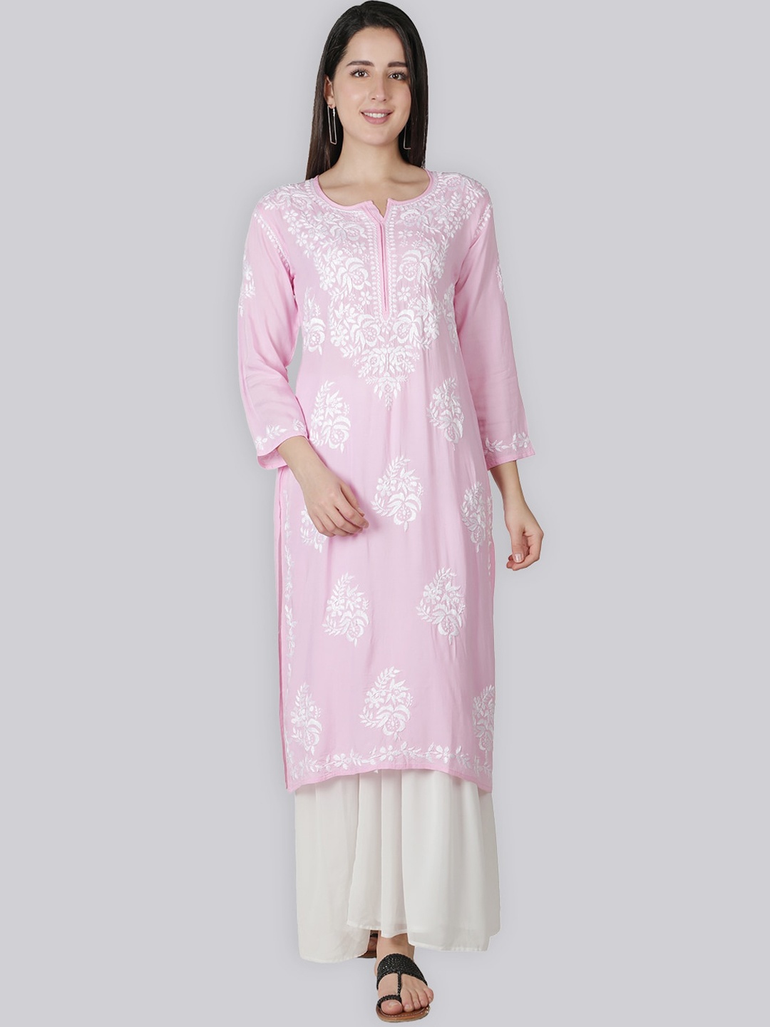 

Seva Chikan Floral Embroidered Chikankari Modal Kurta, Pink