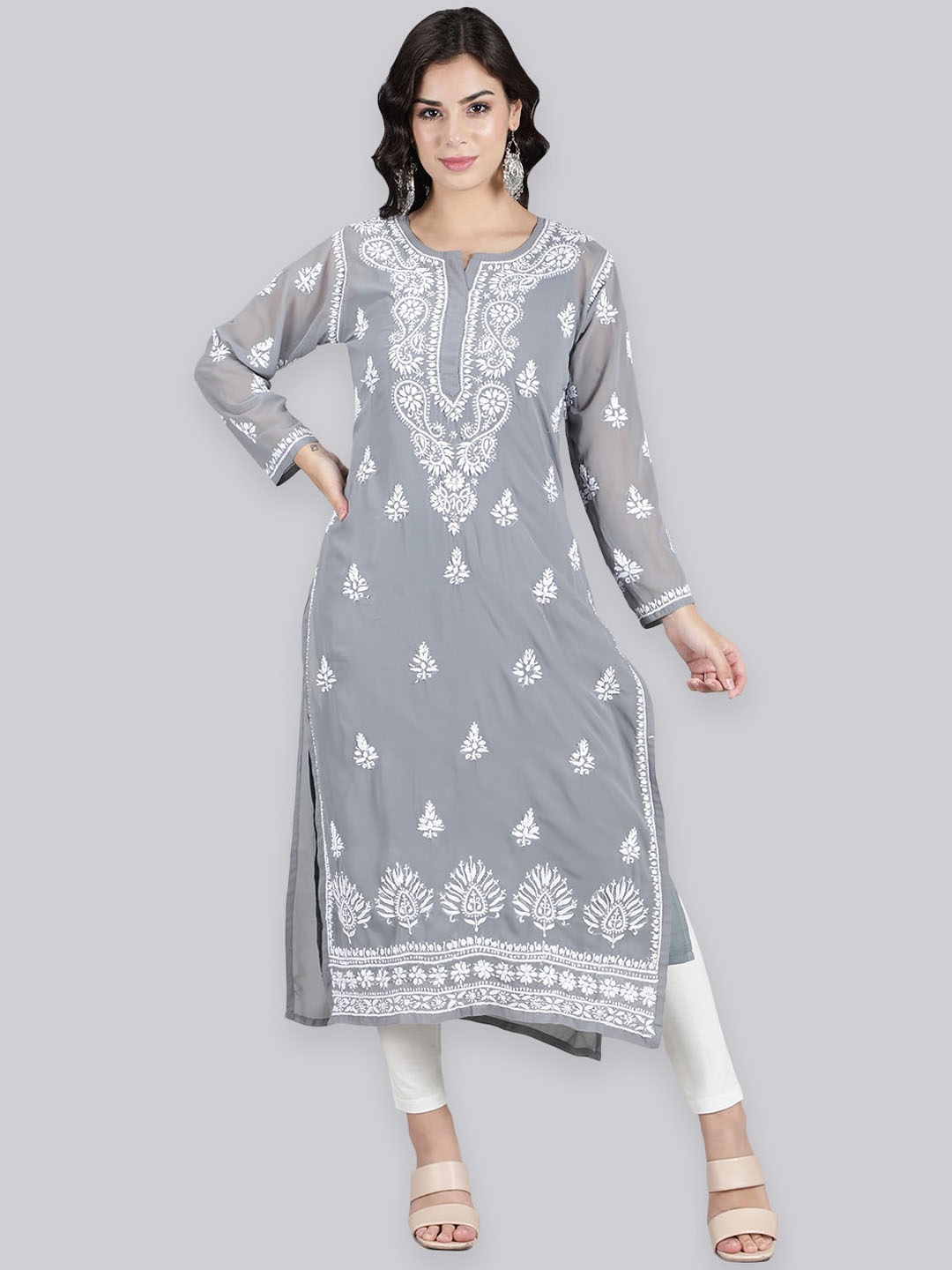 

Seva Chikan Ethnic Motifs Embroidered Lucknowi Chikankari Georgette Kurta With Slip, Grey