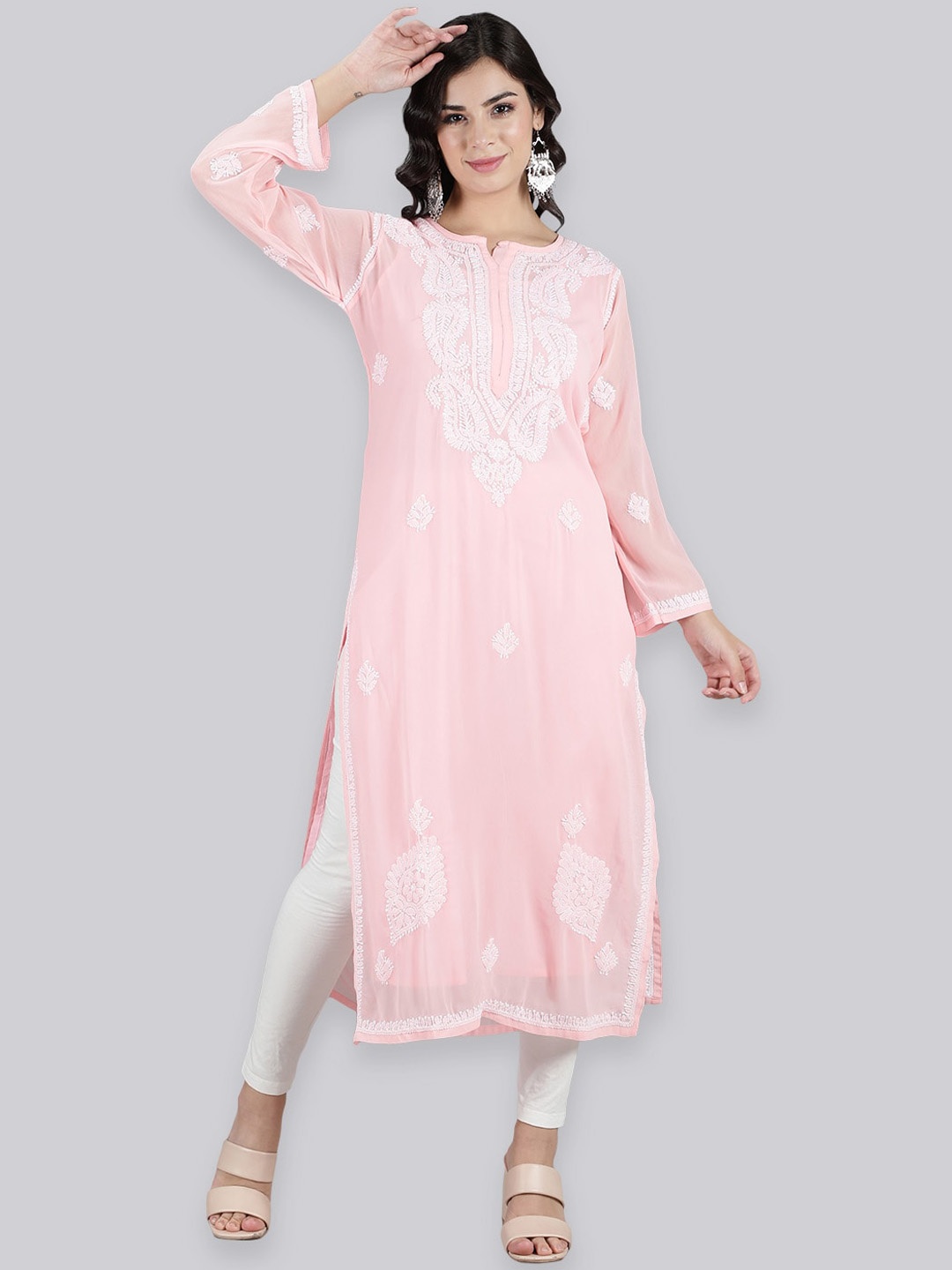 

Seva Chikan Paisley Embroidered Chikankari Straight Kurta With Slip, Pink