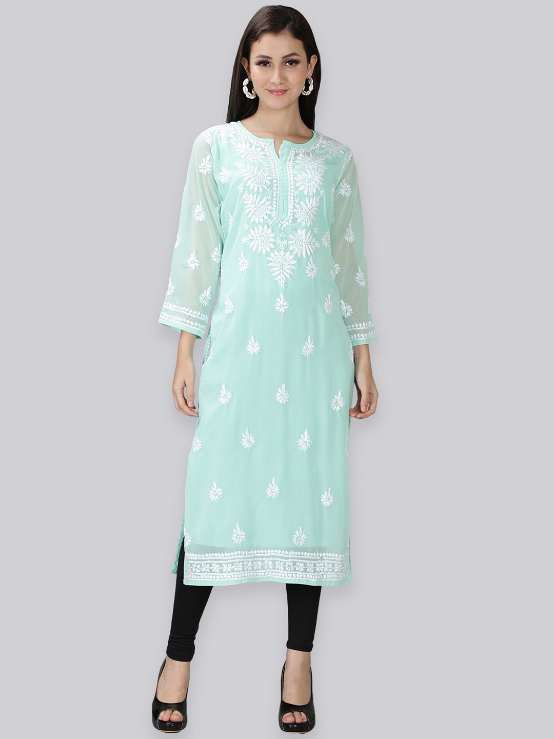 

Seva Chikan Floral Embroidered Chikankari Straight Georgette Kurta With Slip, Sea green