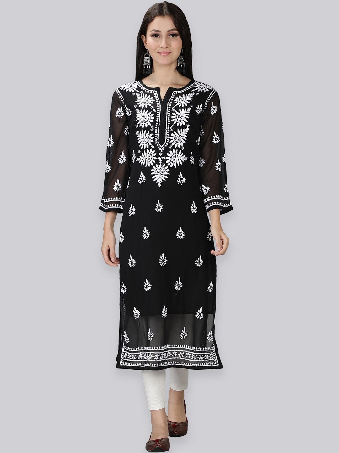 

Seva Chikan Ethnic Motifs Embroidered Chikankari Georgette Straight Kurta With Slip, Black