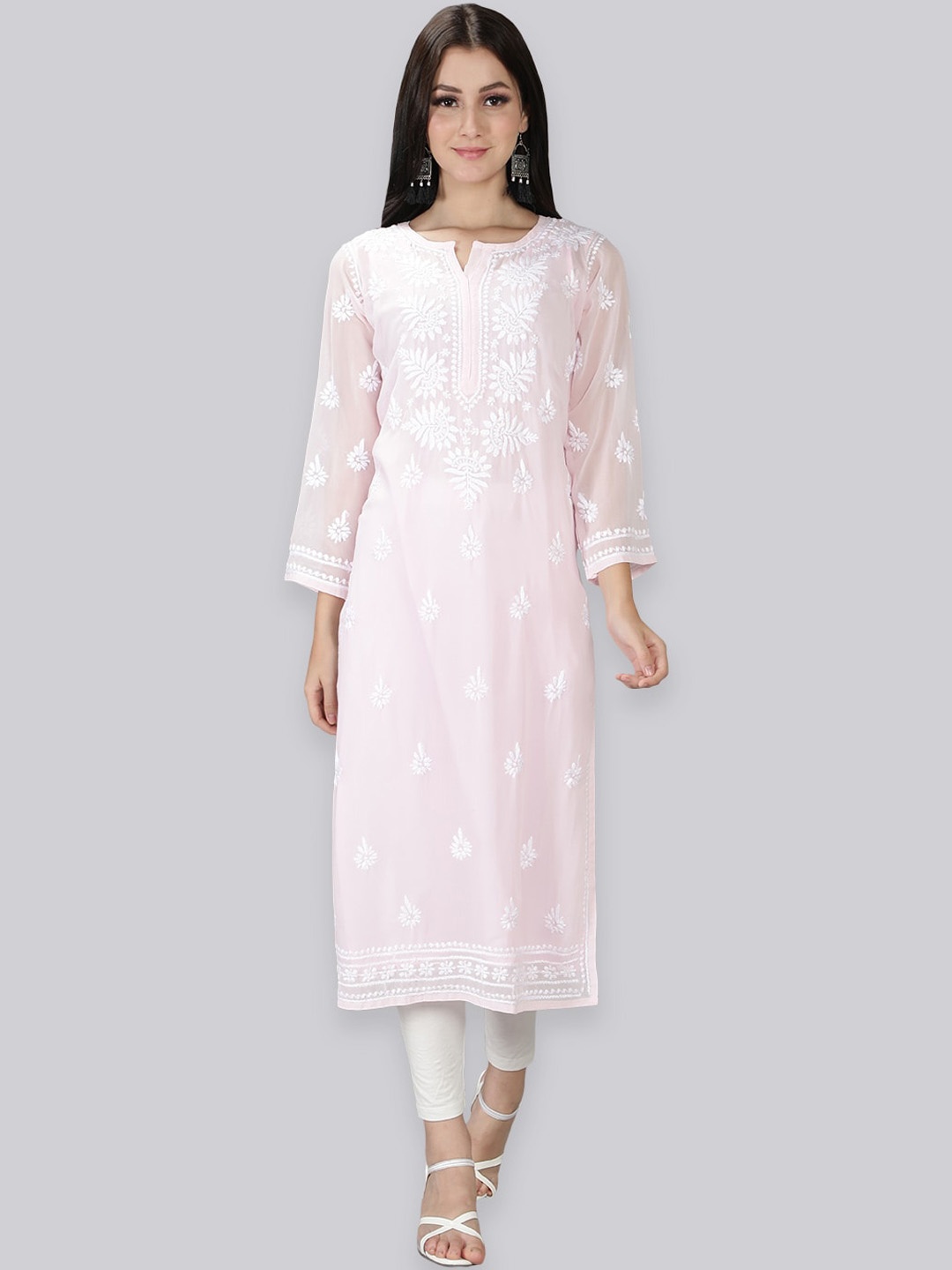 

Seva Chikan Ethnic Motifs Embroidered Chikankari Straight Kurta With Slip, Pink