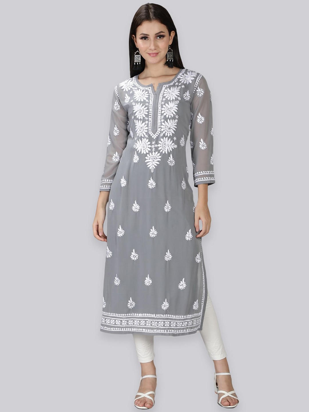 

Seva Chikan Floral Embroidered Chikankari Georgette Straight Kurta With Slip, Grey