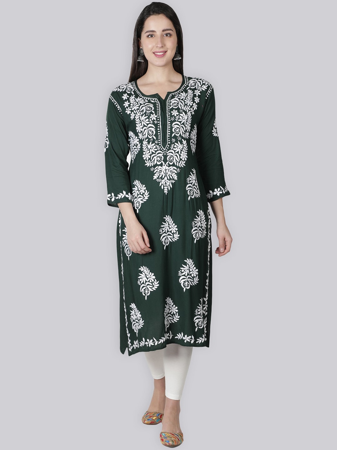 

Seva Chikan Chikankari Embroidered Round Notched Neck Straight Kurta, Green