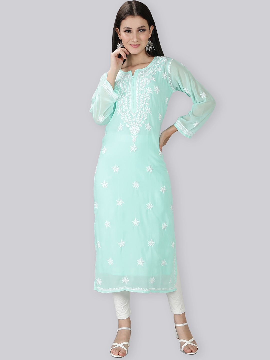 

Seva Chikan Floral Embroidered Chikankari Straight Georgette Kurta With Slip, Sea green