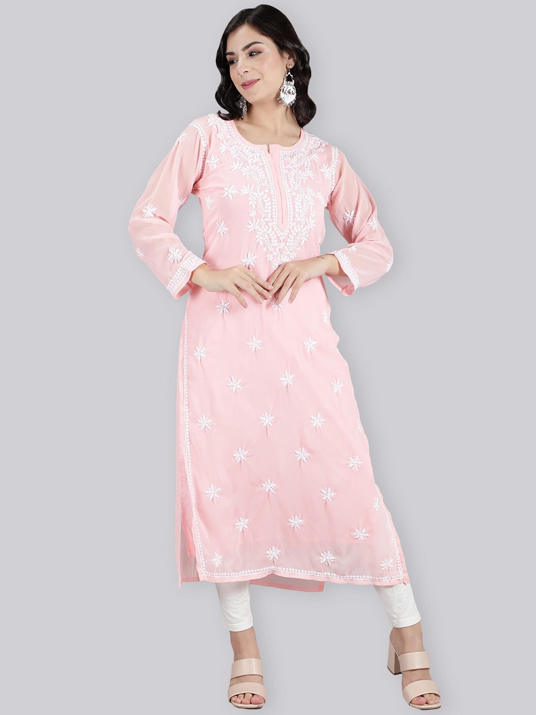 

Seva Chikan Floral Embroidered Chikankari Straight Kurta With Slip, Pink