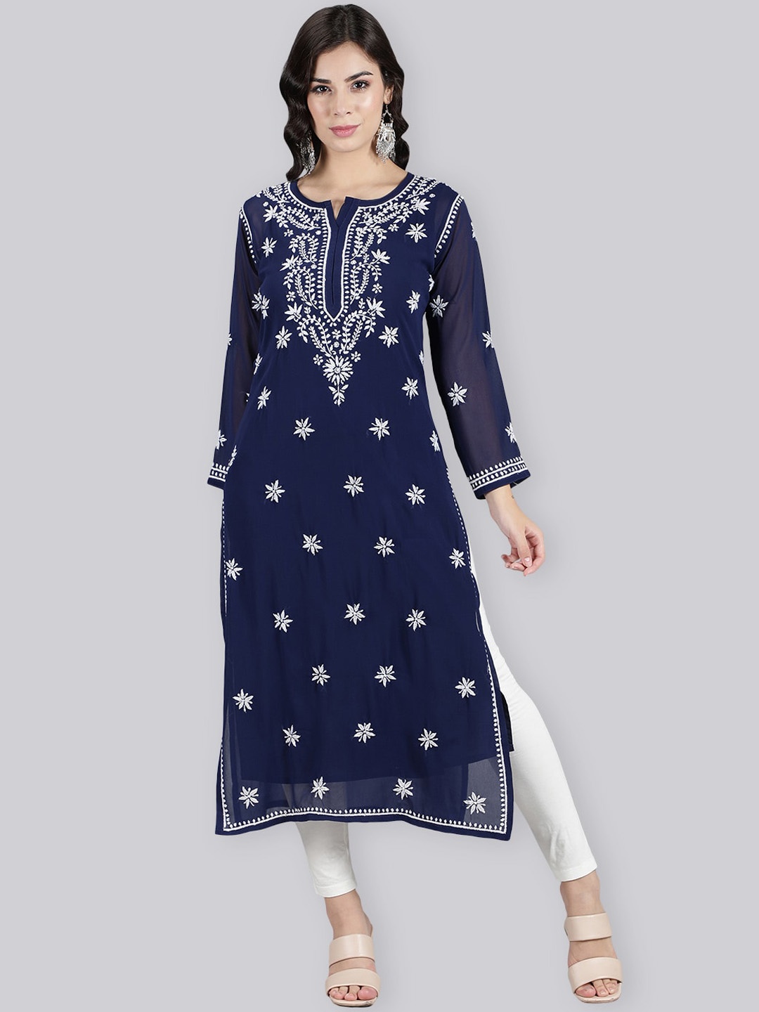 

Seva Chikan Floral Embroidered Lucknowi Chikankari Straight Kurta With Inner, Navy blue