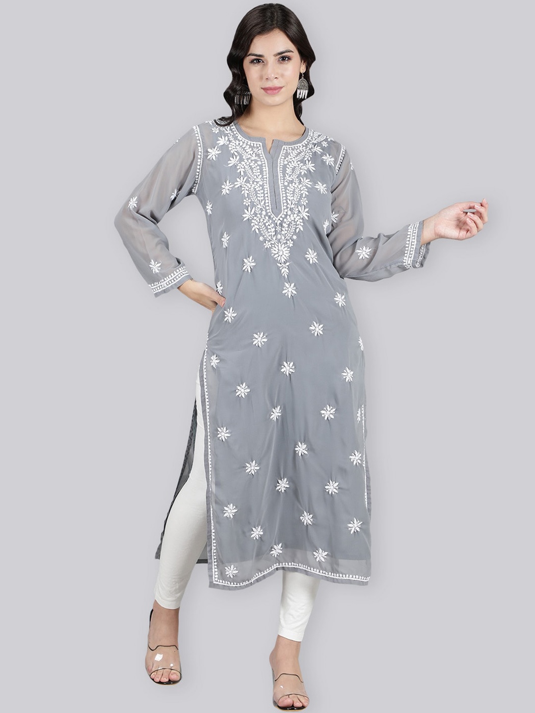 

Seva Chikan Floral Embroidered Chikankari Georgette Straight Kurta With Slip, Grey