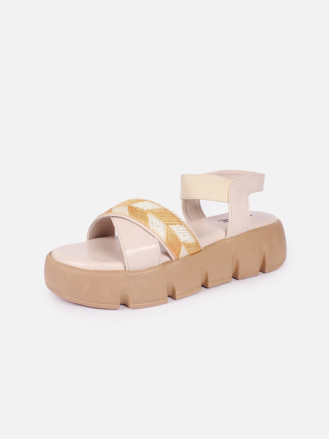 

Lavie Colourblocked Cross Strap Open Flatform Heels With Backstrap, Cream