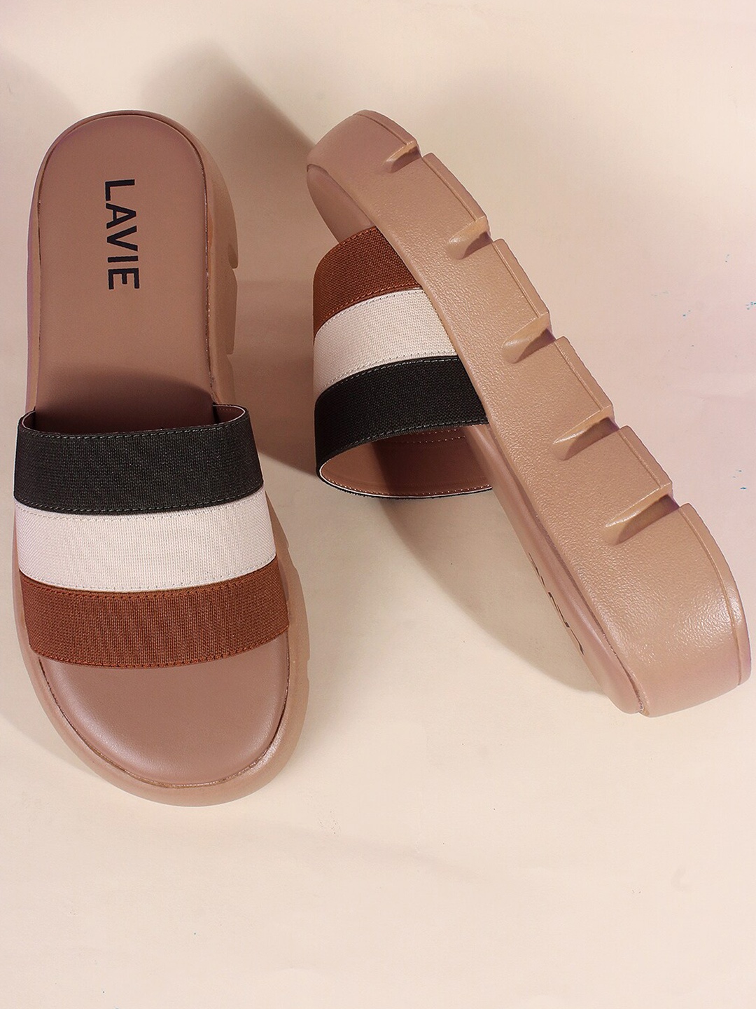 

Lavie Colourblocked Strap Designed Flatform Heels, Beige