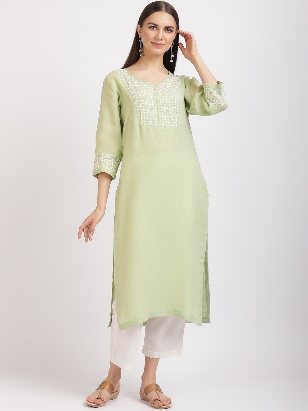 

Linen Club Woman Floral Embroidered V-Neck Chikankari Straight Kurta, Green
