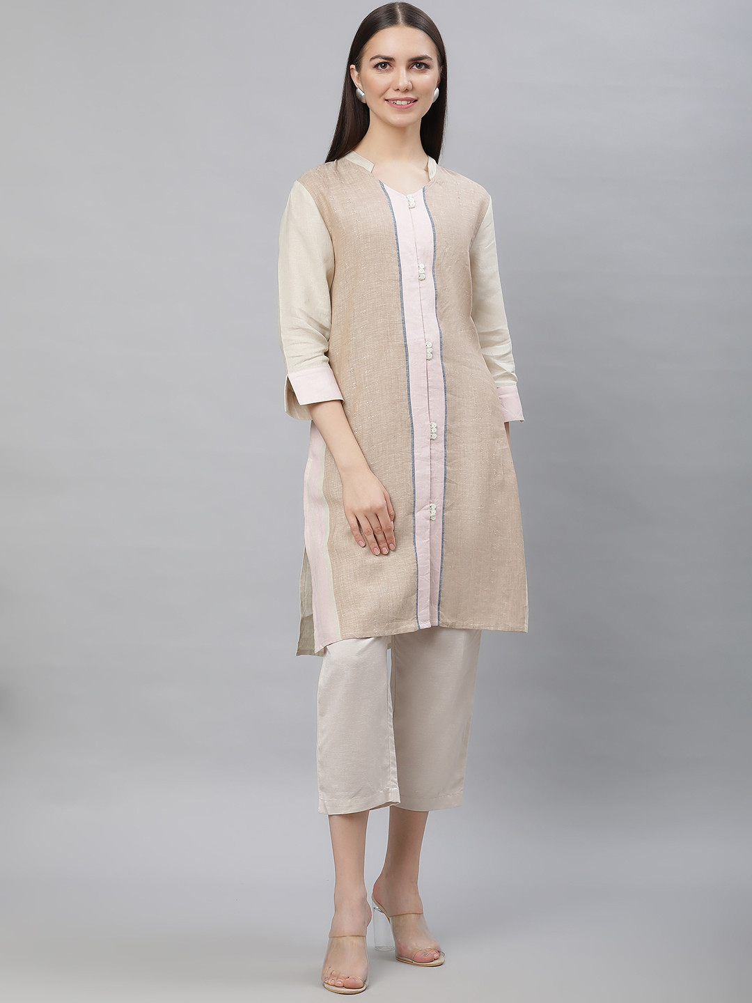 

Linen Club Woman Mandarin Collar Pastel Straight Kurta, Beige