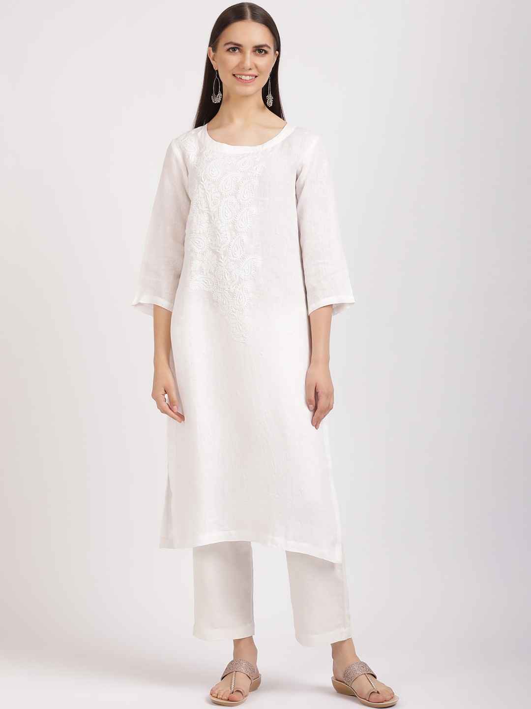 

Linen Club Woman Paisley Embroidered Chikankari White Romance Straight Kurta