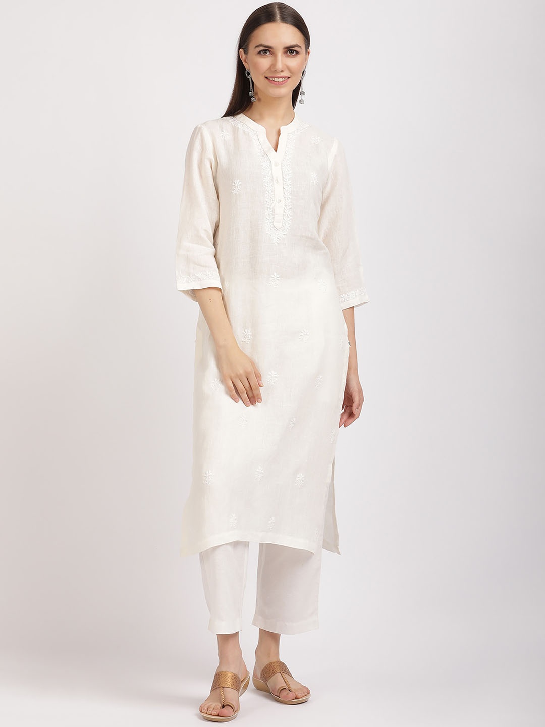 

Linen Club Woman Ethnic Motifs Embroidered Chikankari White Romance Straight Kurta, Off white