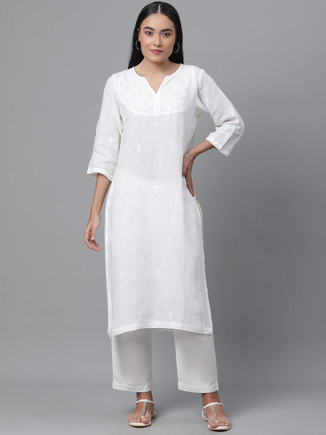 

Linen Club Woman Floral Embroidered Chikankari White Romance Straight Empire Kurta