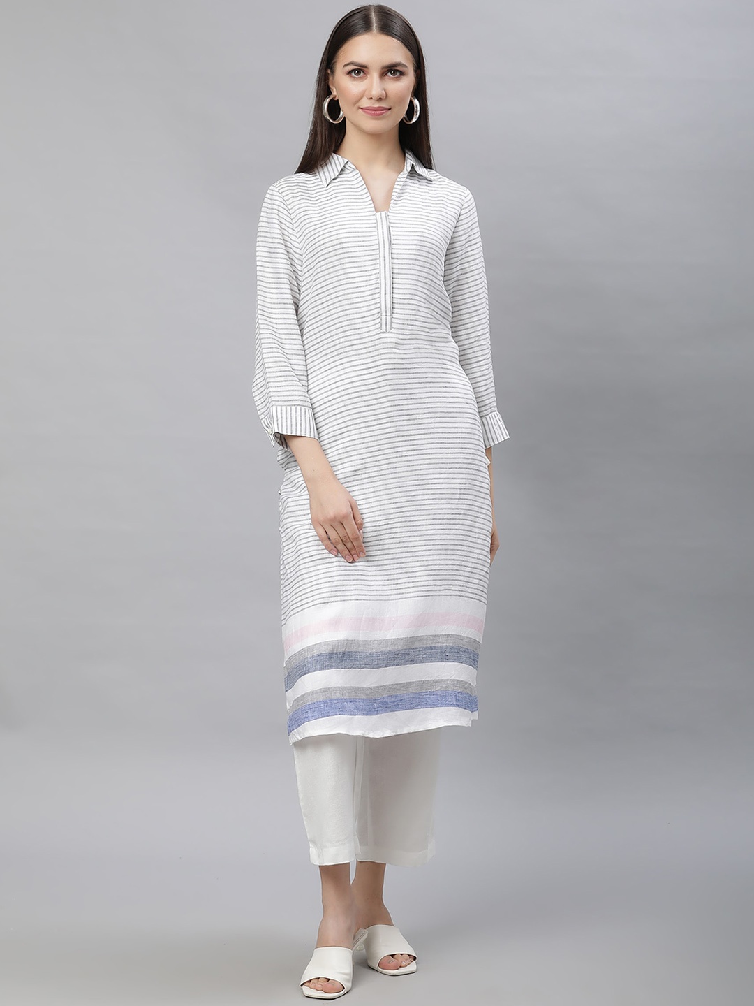 

Linen Club Woman Striped Shirt Collar Cuffed Sleeve Straight Kurta, White
