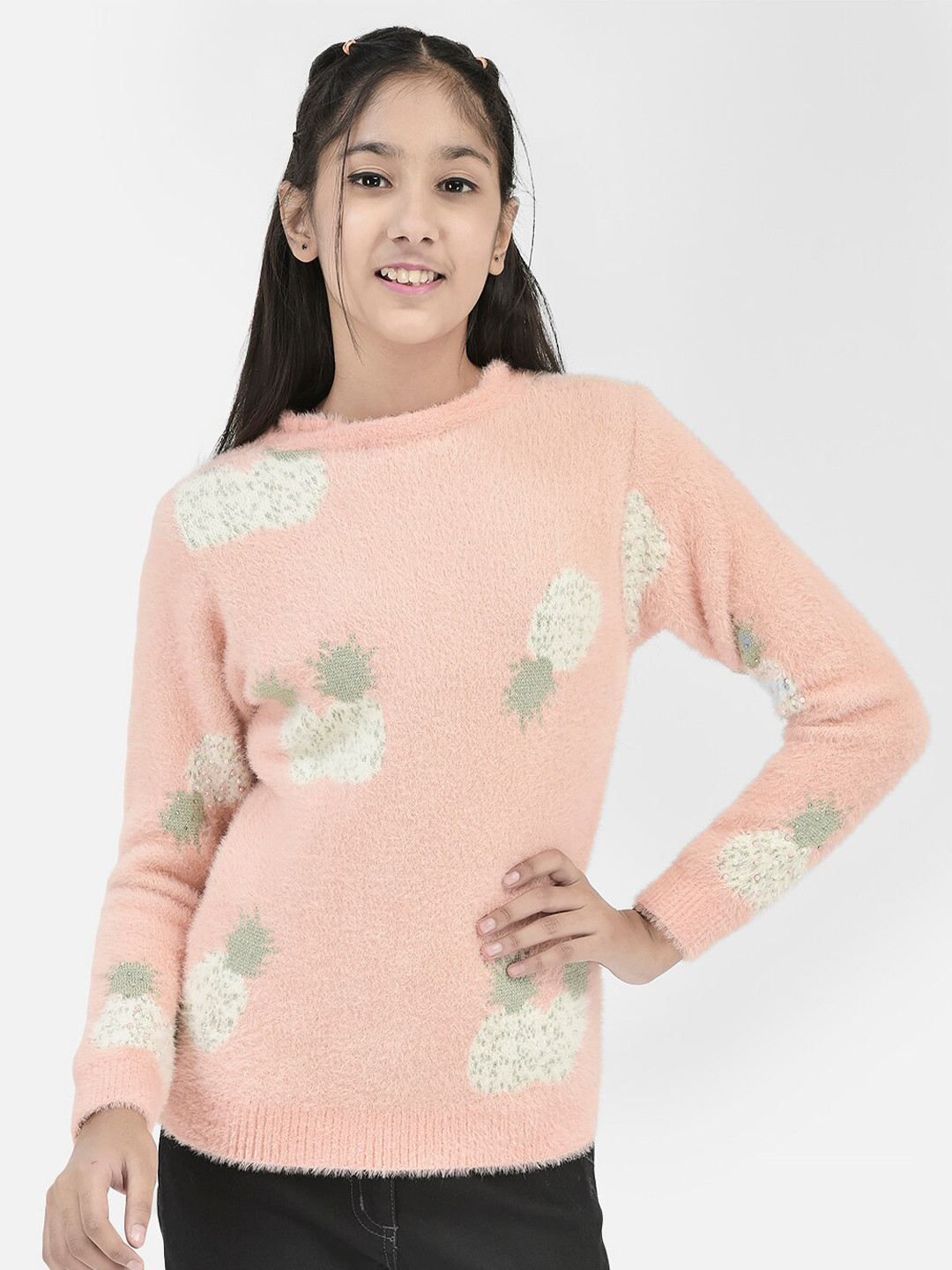

Crimsoune Club Girls Printed Boucle Pullover, Peach