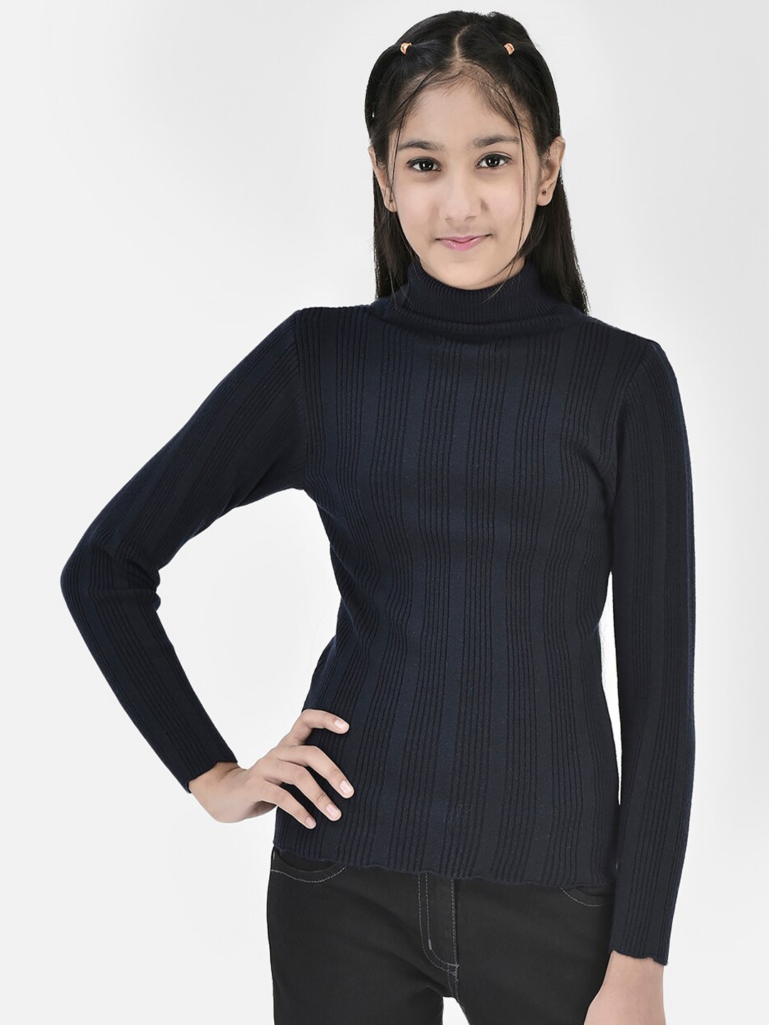 

Crimsoune Club Girls Striped Turtle Neck Pullover, Navy blue