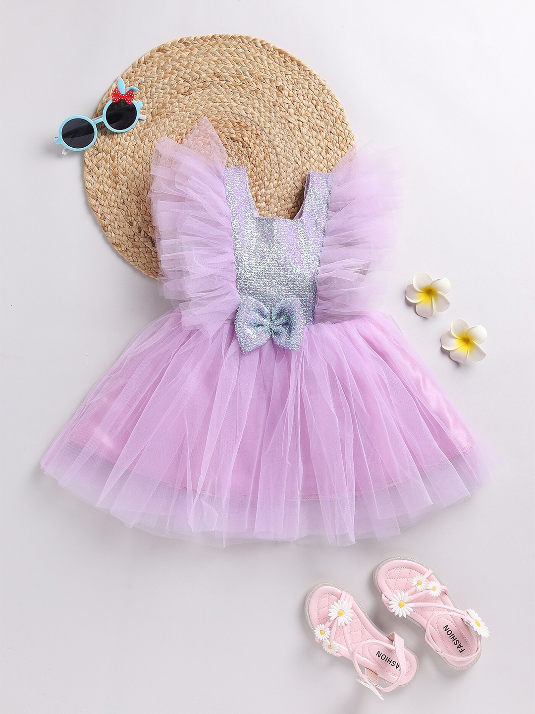 

BAESD Girls Self Design Ruffled Embellished & Bow Net Fit & Flare Dress, Purple