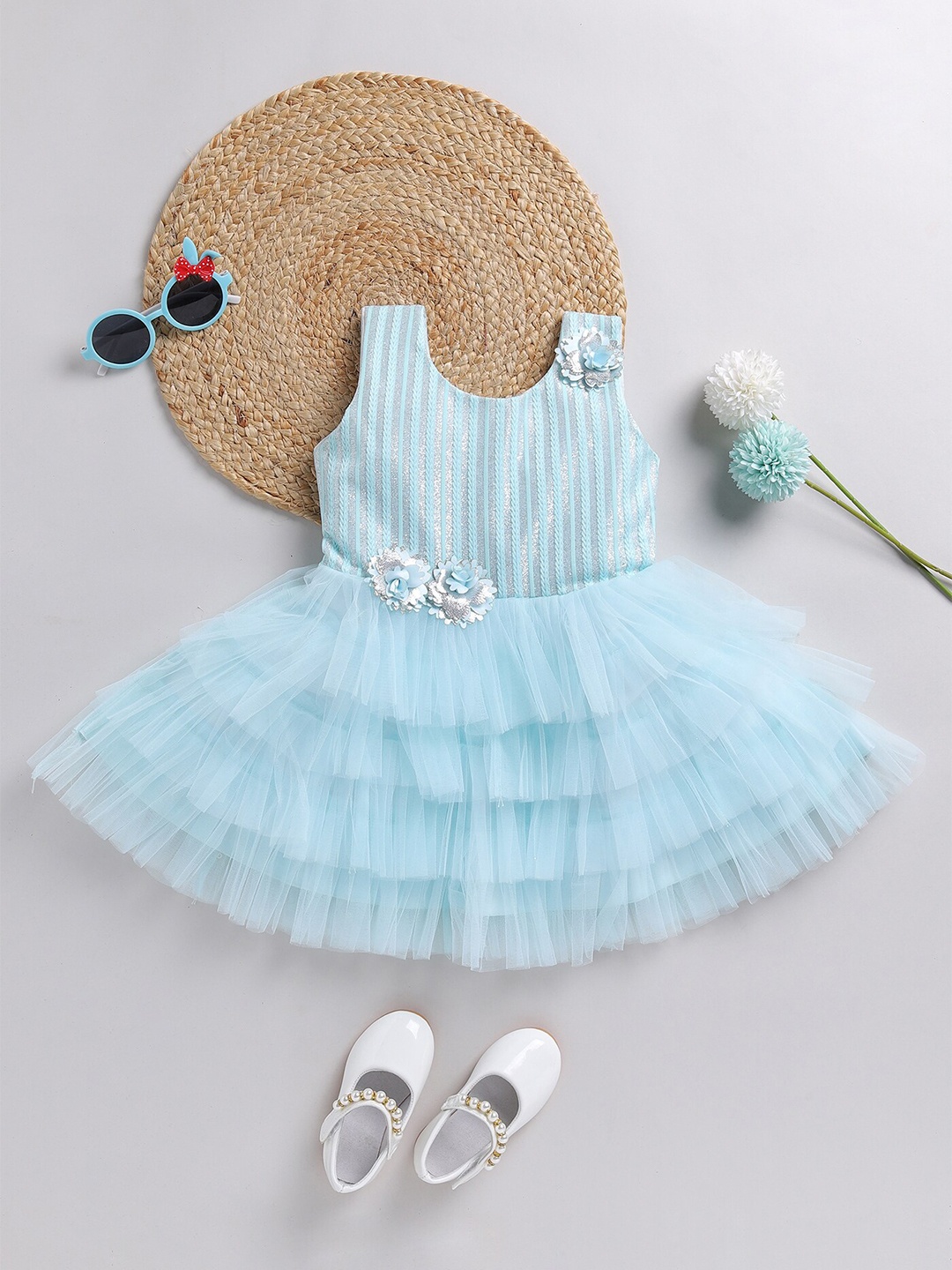 

BAESD Striped Round Neck Sleeveless Corsage Net Casual Fit & Flare Dress, Blue