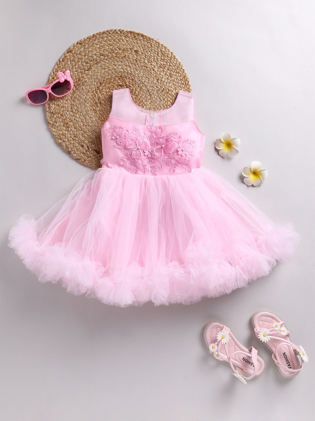 

BAESD Girls Floral Self Design Tulle Net Fit & Flare Dress, Pink
