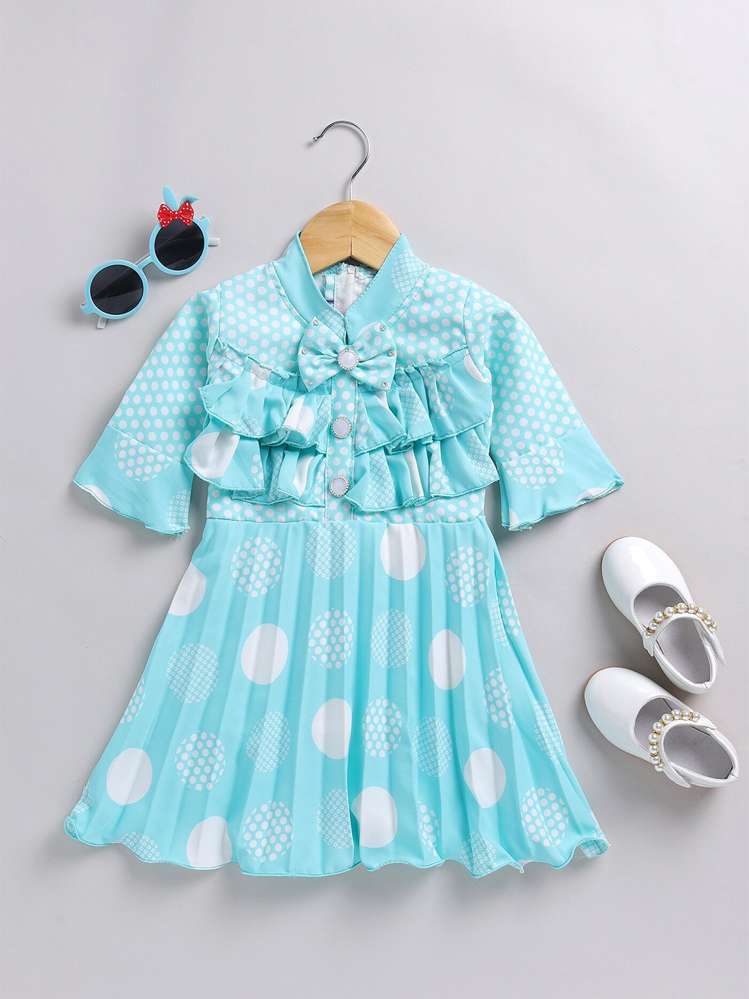 

BAESD Girls Geometric Printed Mandarin Collar Bell Sleeves Ruffles Fit & Flare Dress, Blue
