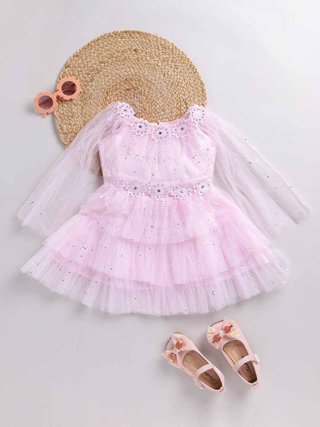 

BAESD Girls Embellished Flared Sleeve Layered Fit & Flare Dress, Pink