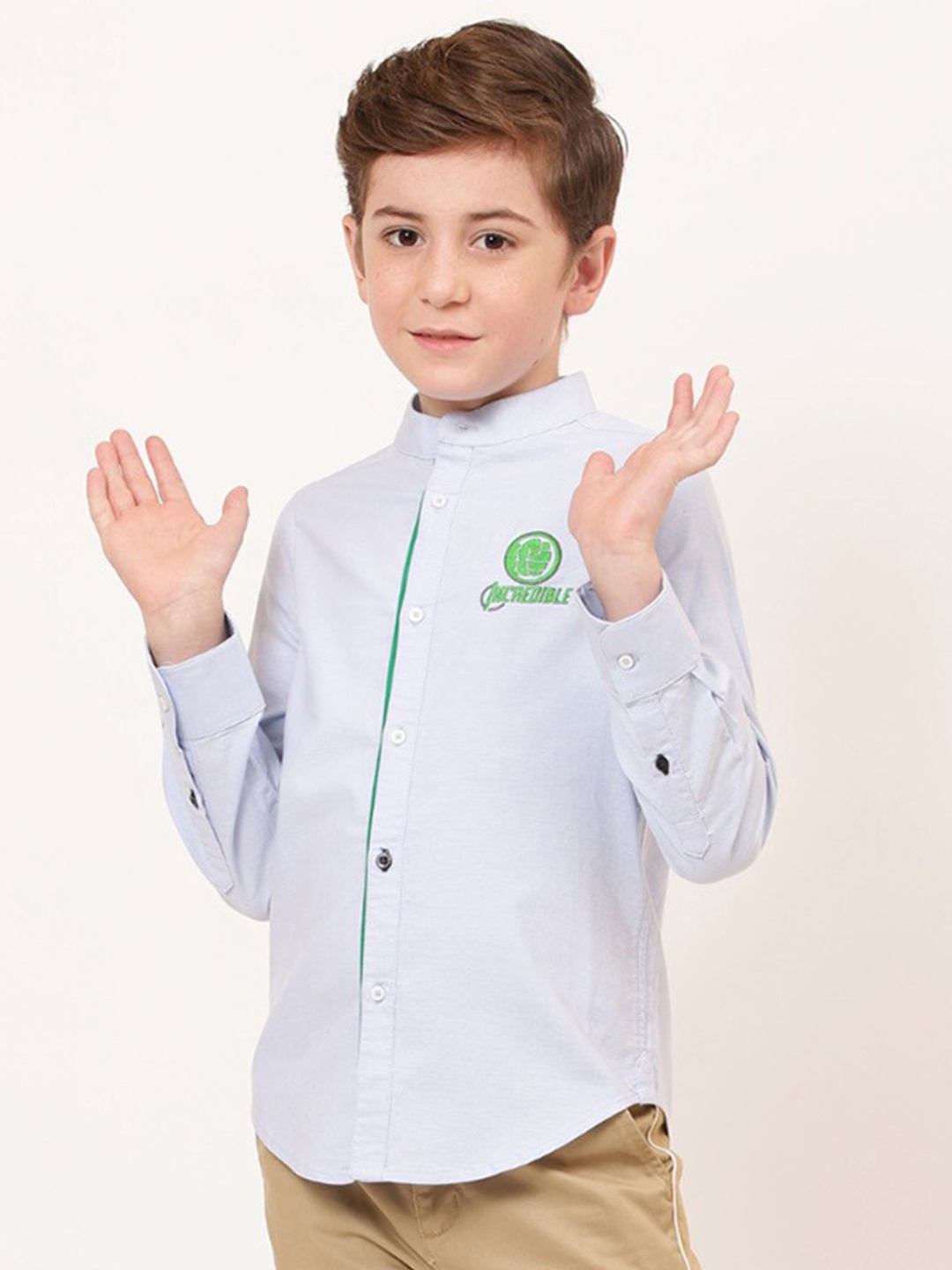 

One Friday Boys Relaxed Fit Hulk Placement Printed Band Collar Cotton Casual Shirt, Blue