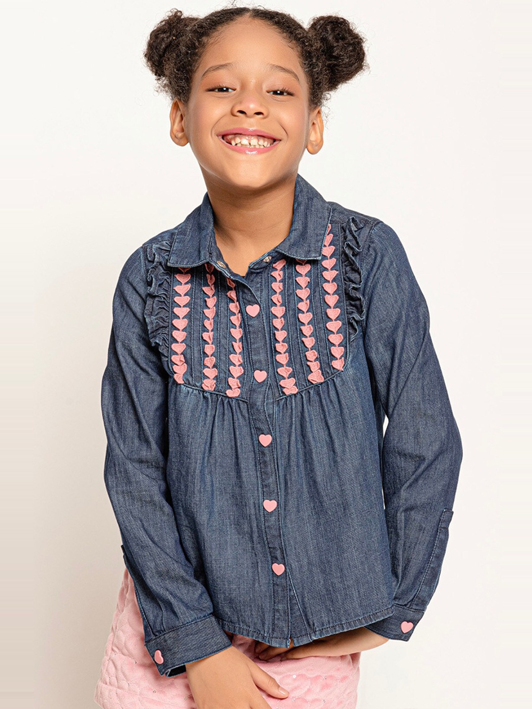 

One Friday Girls Floral Embroidered Relaxed Semi Sheer Casual Shirt, Blue