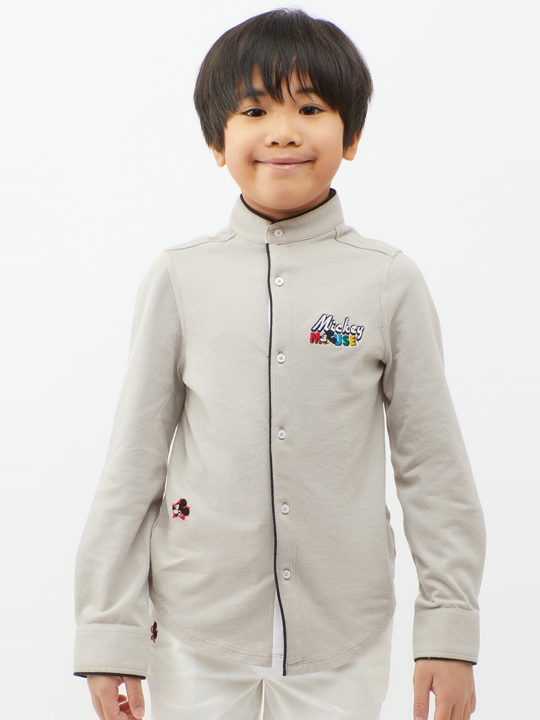 

One Friday Boys Relaxed Mickey Mouse Applique Cotton Casual Shirt, Grey