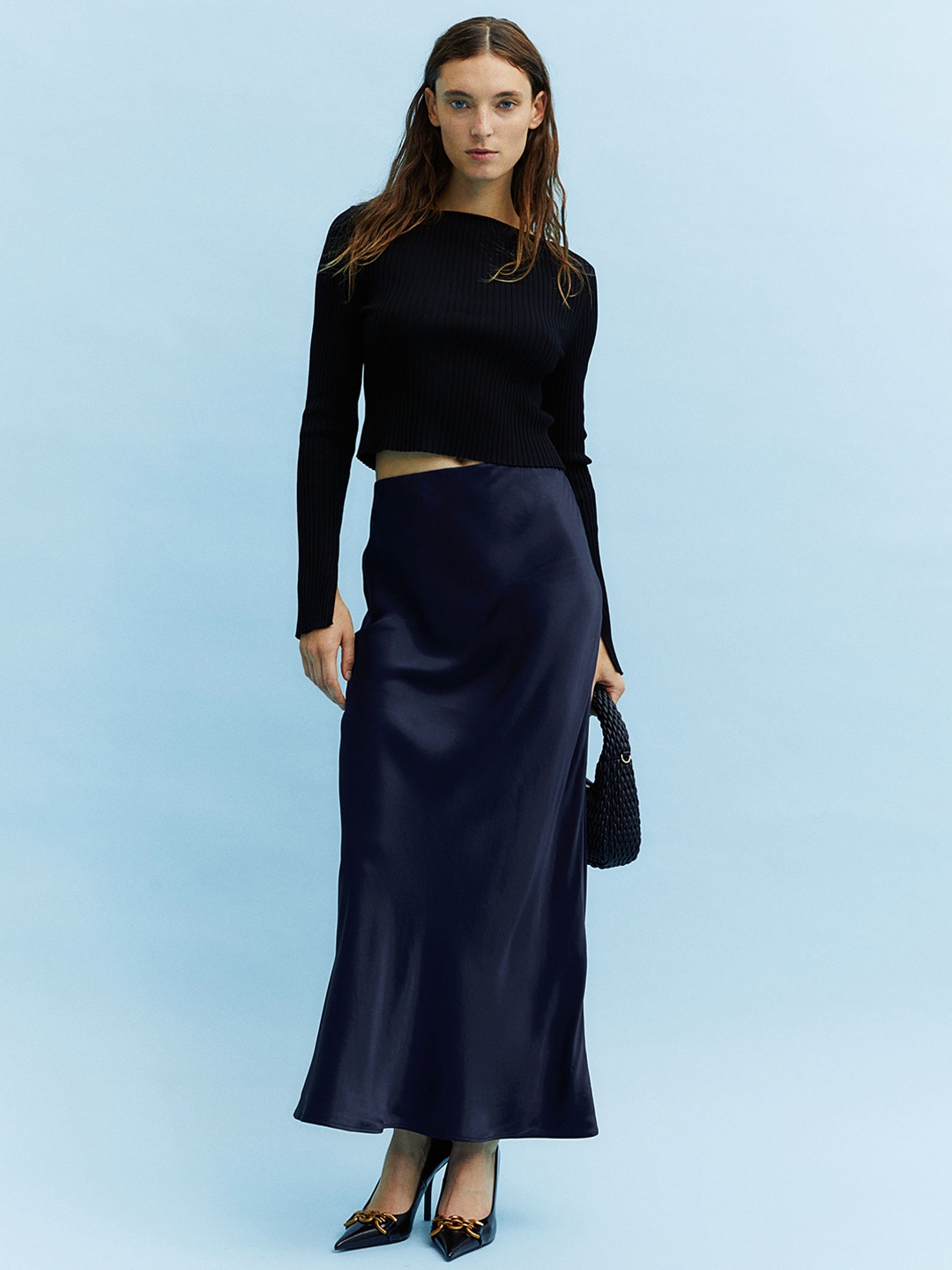 

H&M Satin Maxi Skirt, Blue