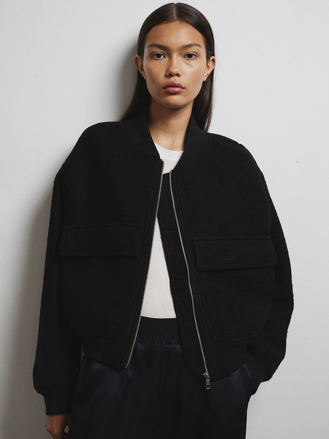 

H&M Wool-Blend Bomber Jacket, Black