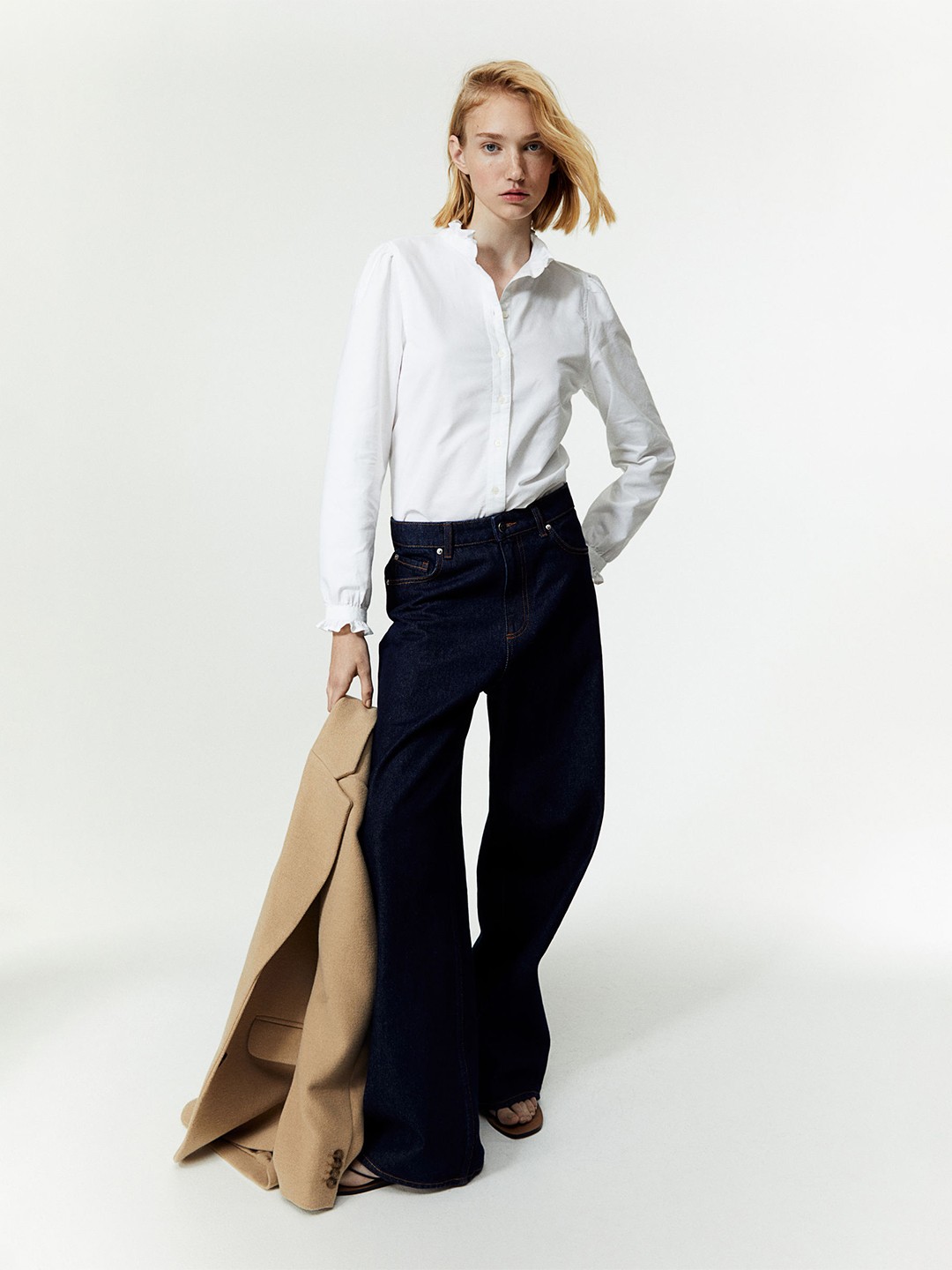 

H&M Pure Cotton Frill-Trimmed Oxford Blouse, White