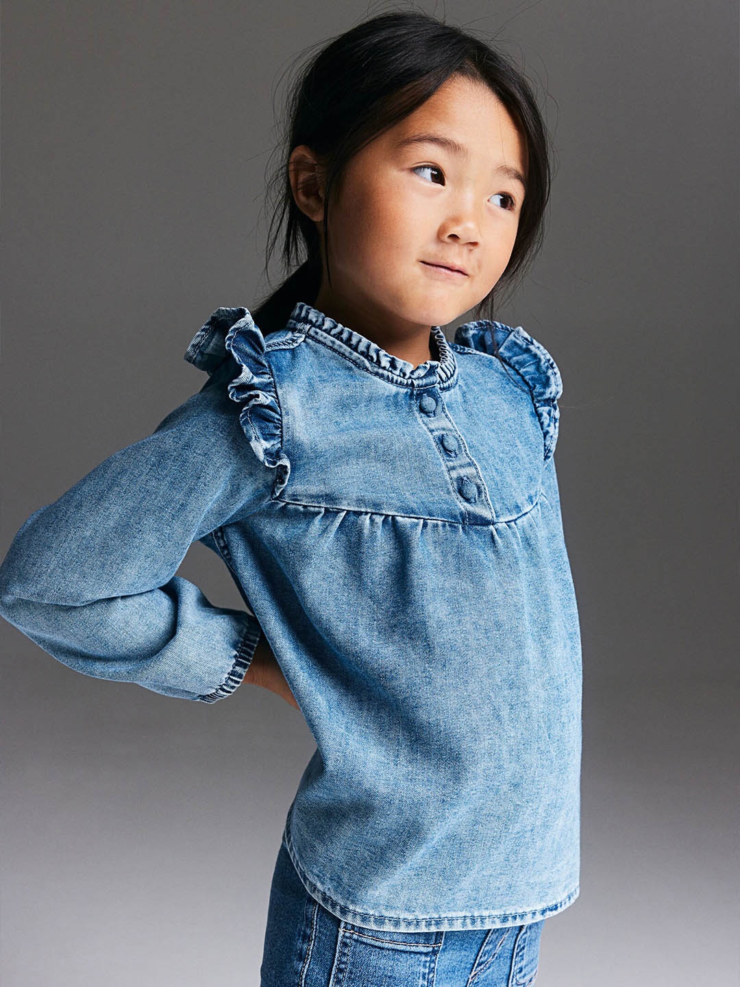

H&M Girls Frill-Trimmed Denim Tops, Blue