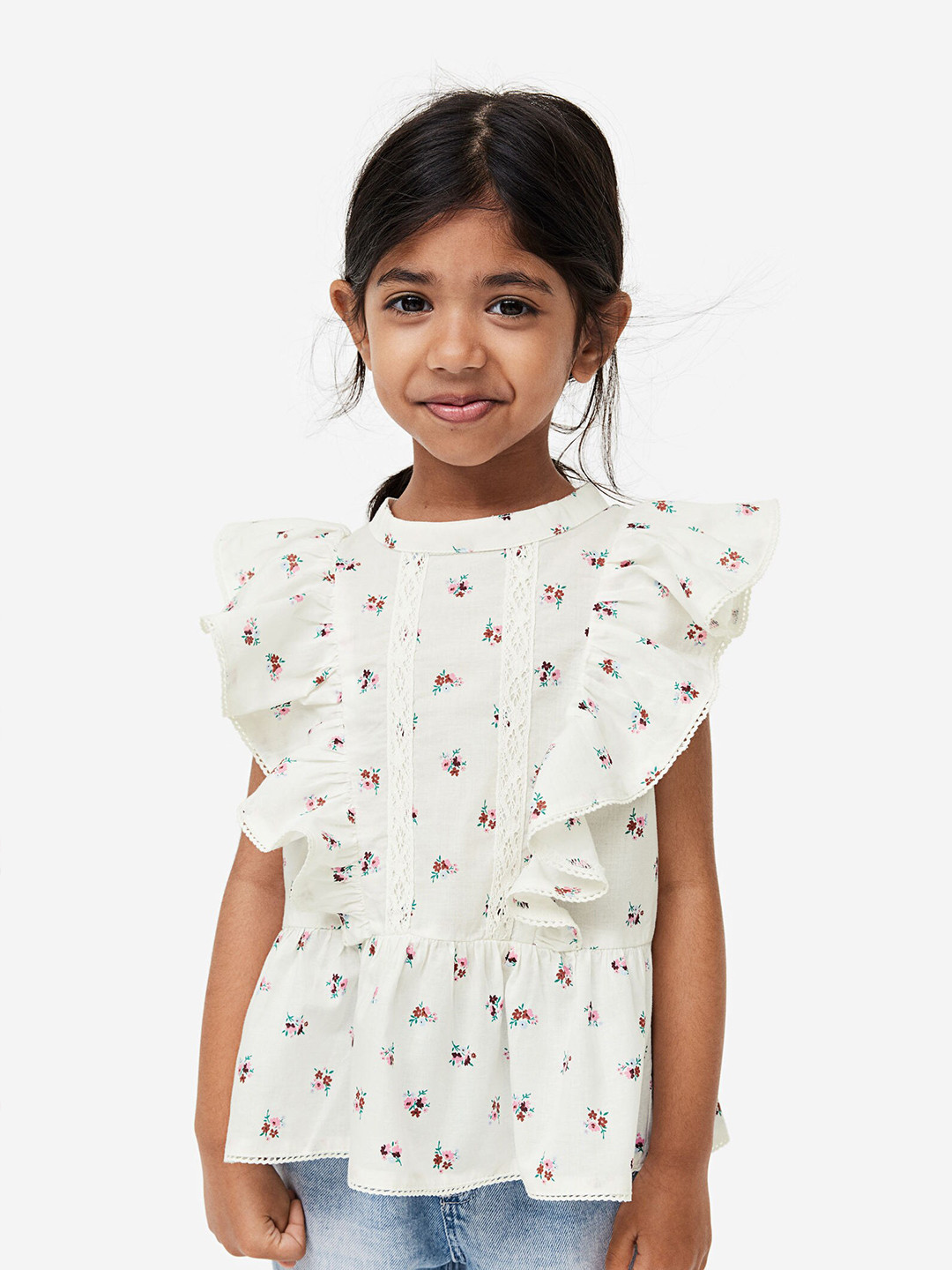 

H&M Girls Frill-Trimmed Cotton Blouse, White