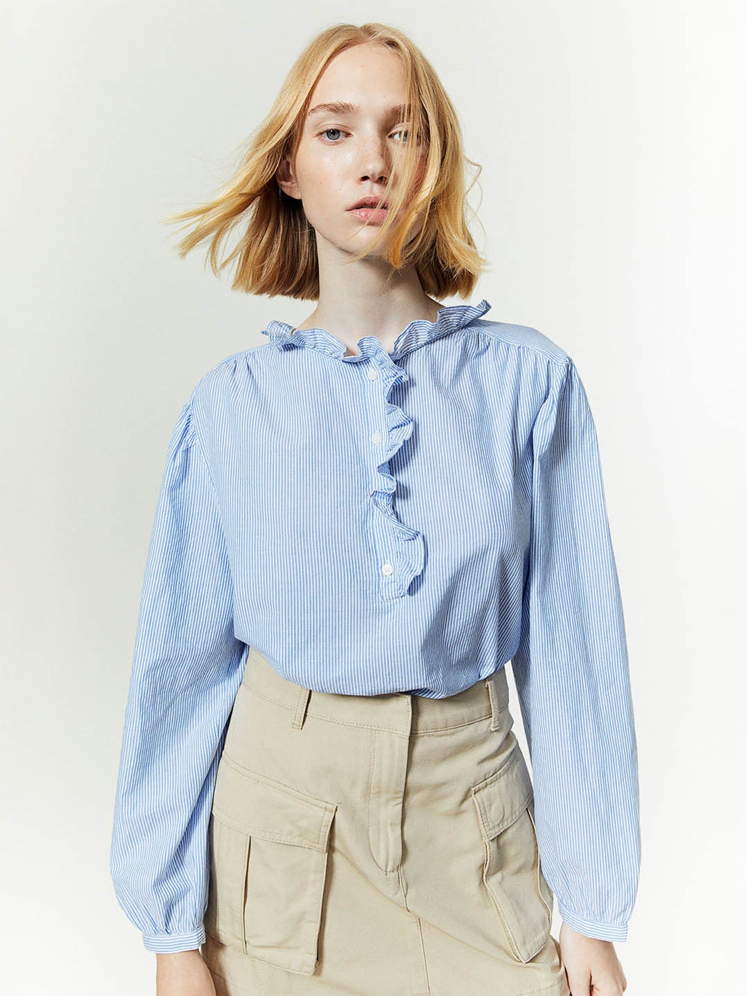 

H&M Pure Cotton Frill-Trimmed Pop-Over Blouse, Blue