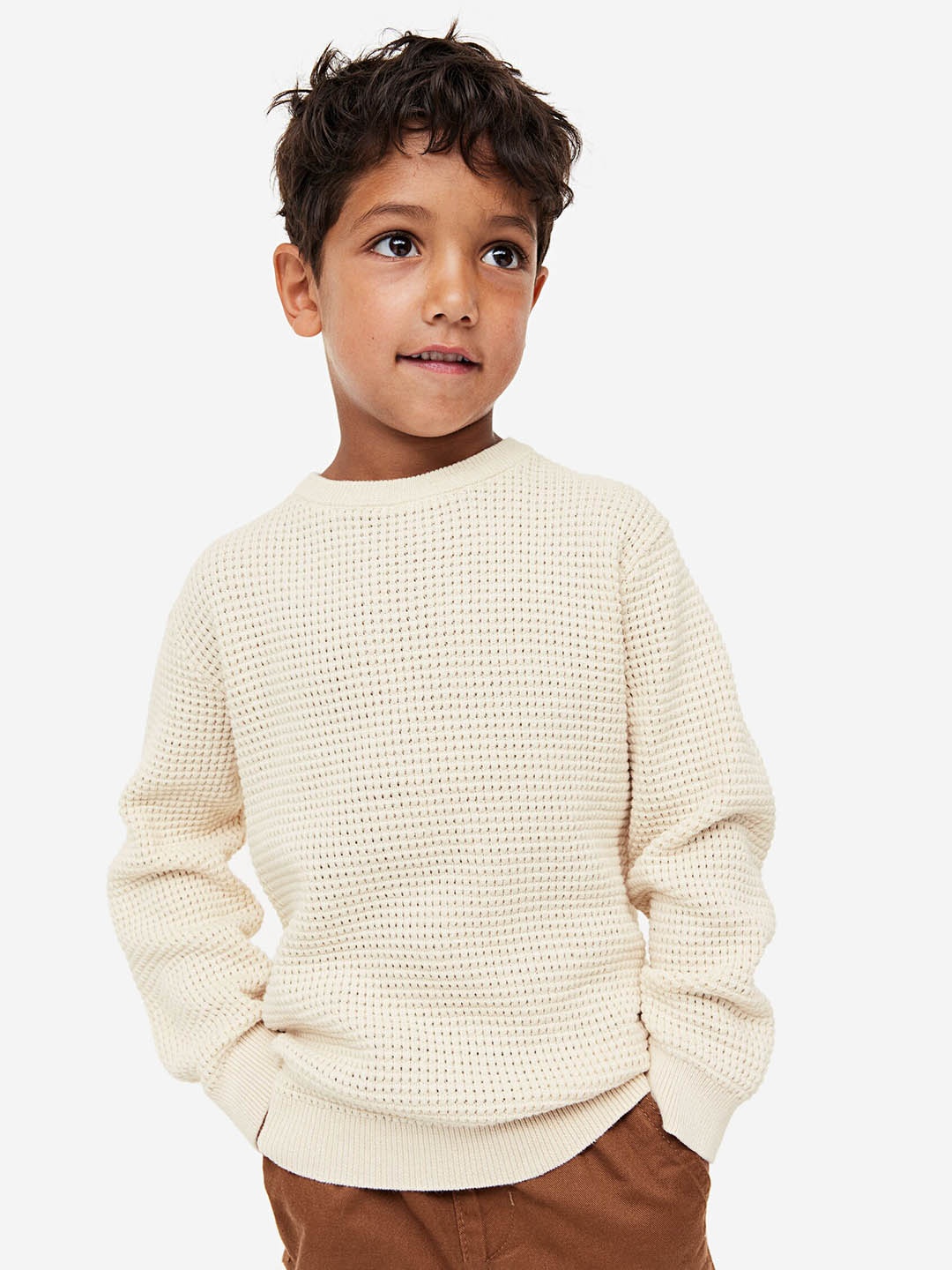 

H&M Boys Pure Cotton Waffle-Knit Jumper, White