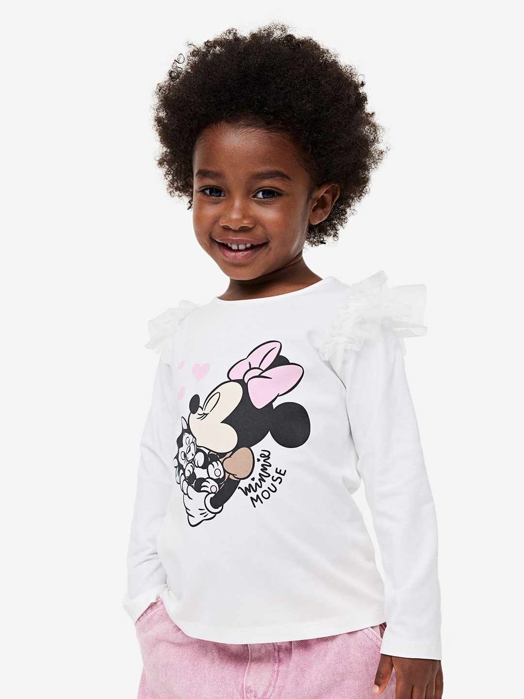 

H&M Girls Frill-Trimmed Printed Top, White