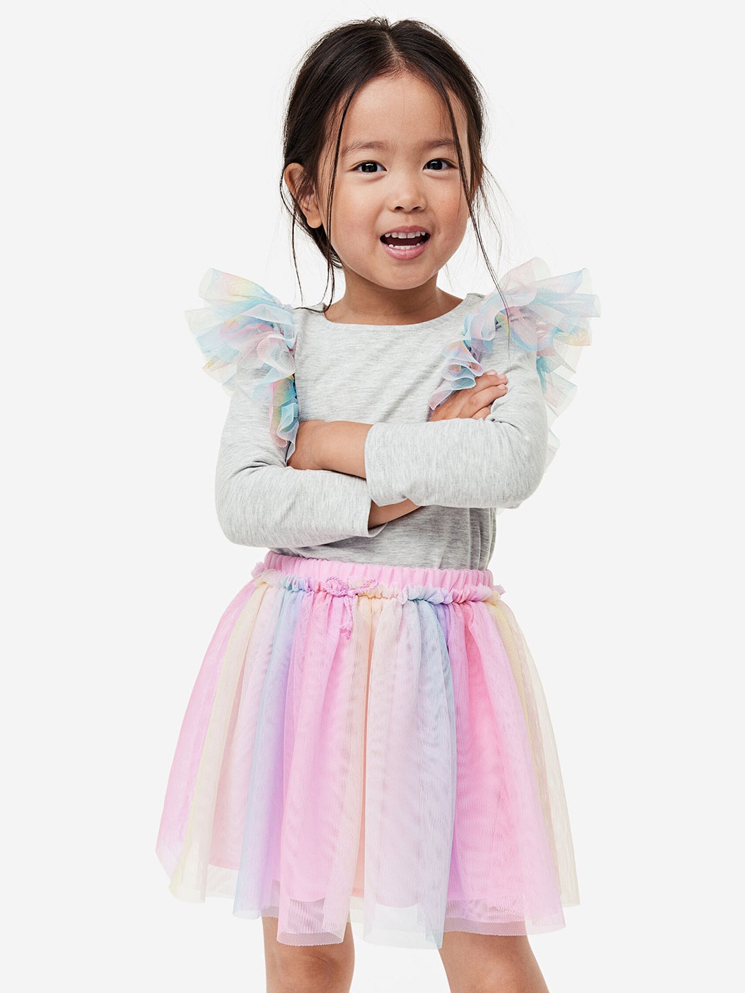 

H&M Girls Flounce-Trimmed Top, Grey