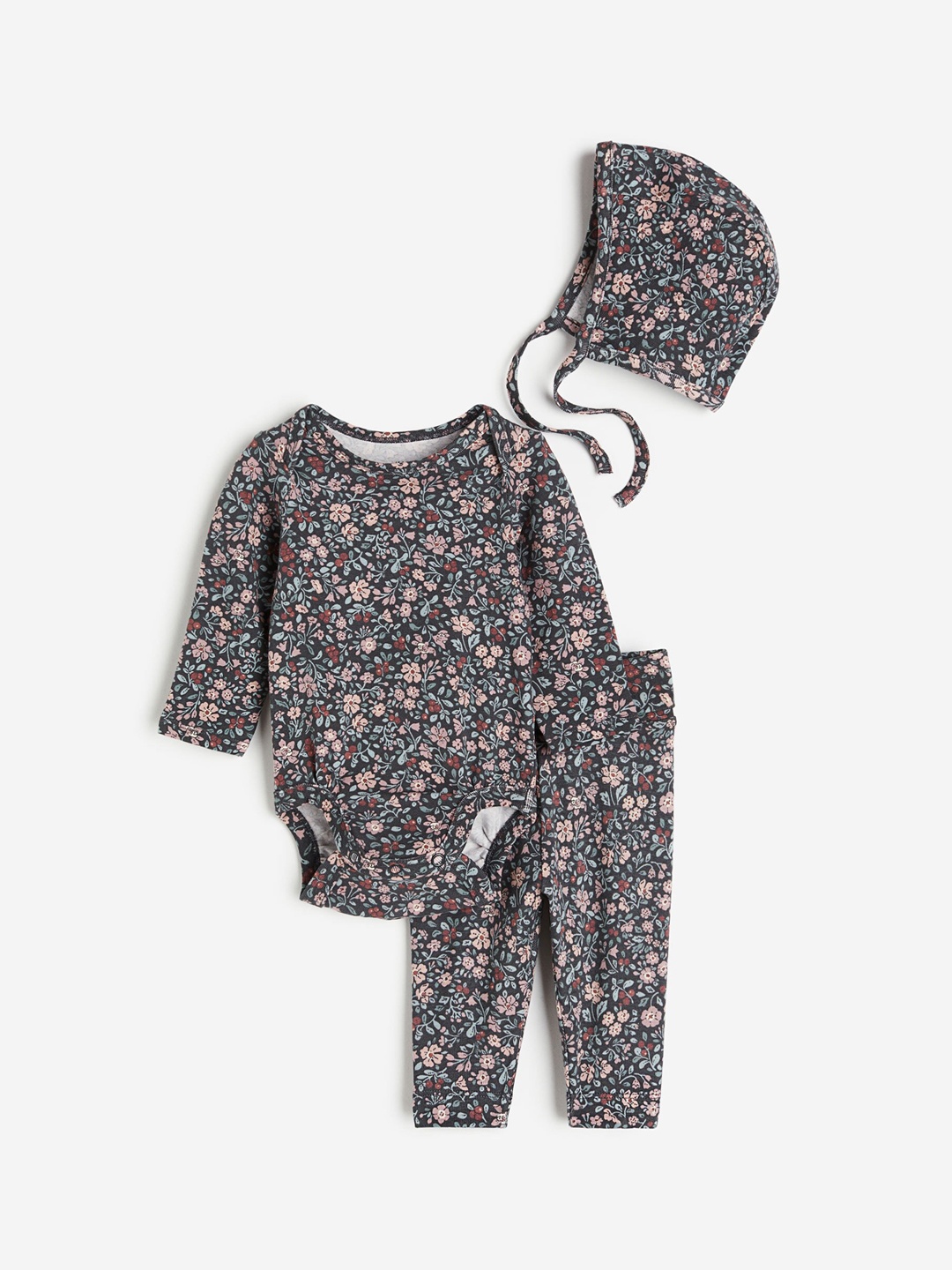 

H&M Infant Girls Floral 3 Piece Cotton Set, Grey