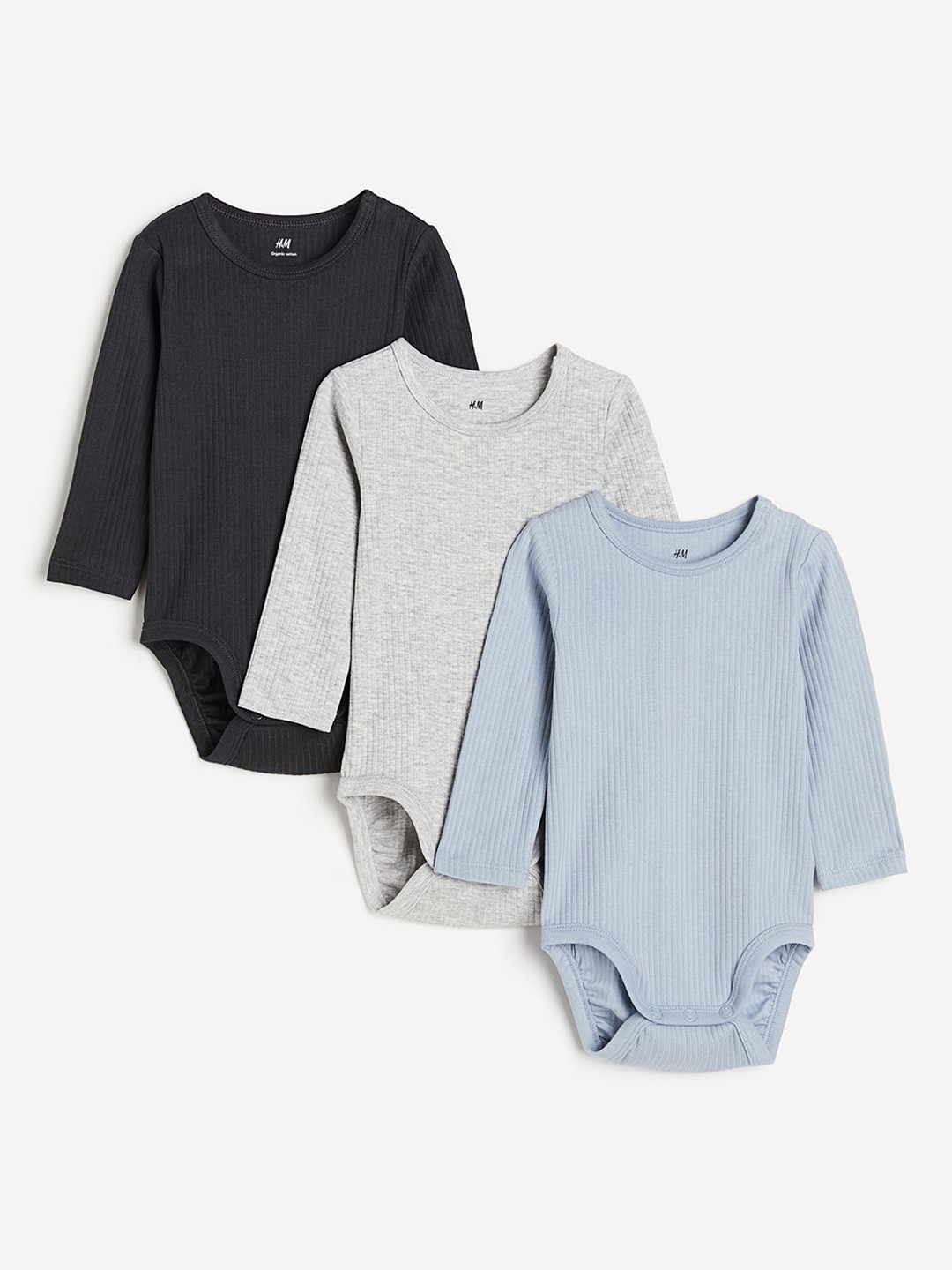 

H&M Girls 3 Pack Ribbed Bodysuits, Blue
