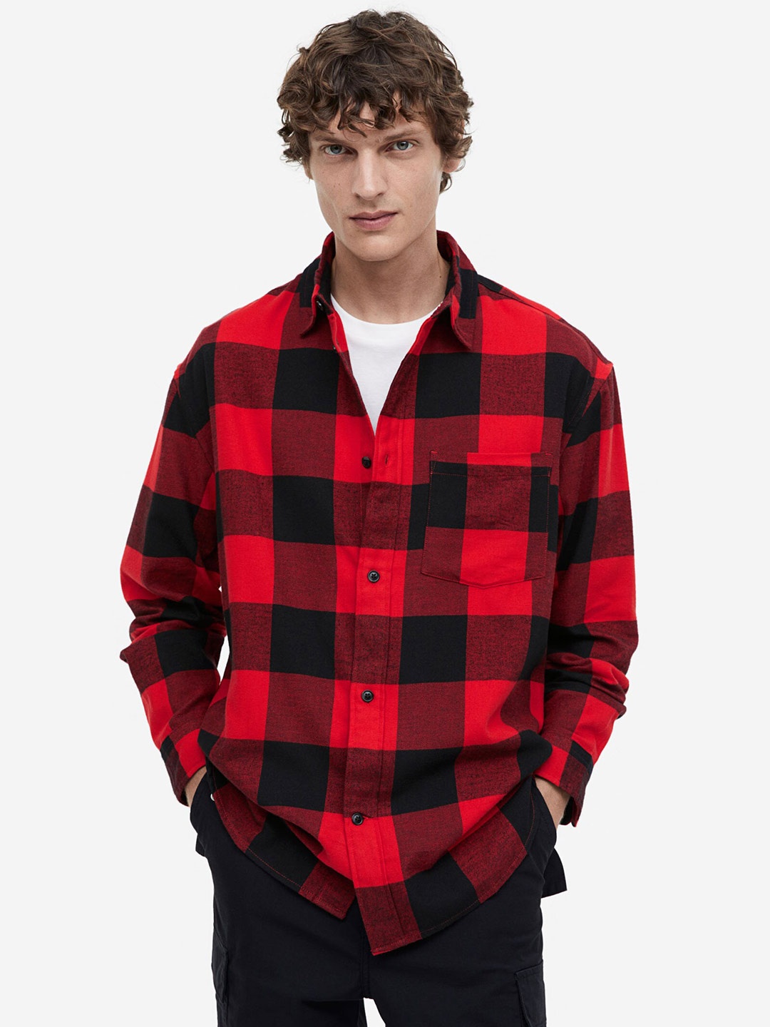 

H&M Pure Cotton Relaxed Fit Flannel Shirt, Red