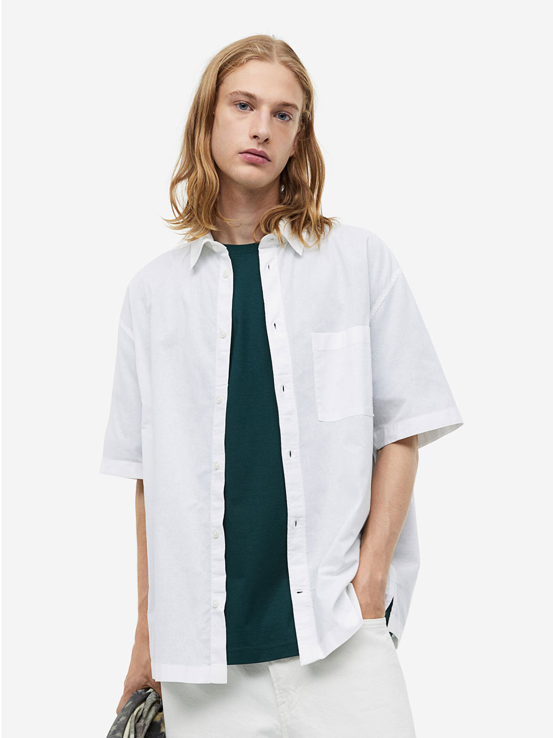 

H&M Pure Cotton Relaxed Fit Short-Sleeved Shirt, White