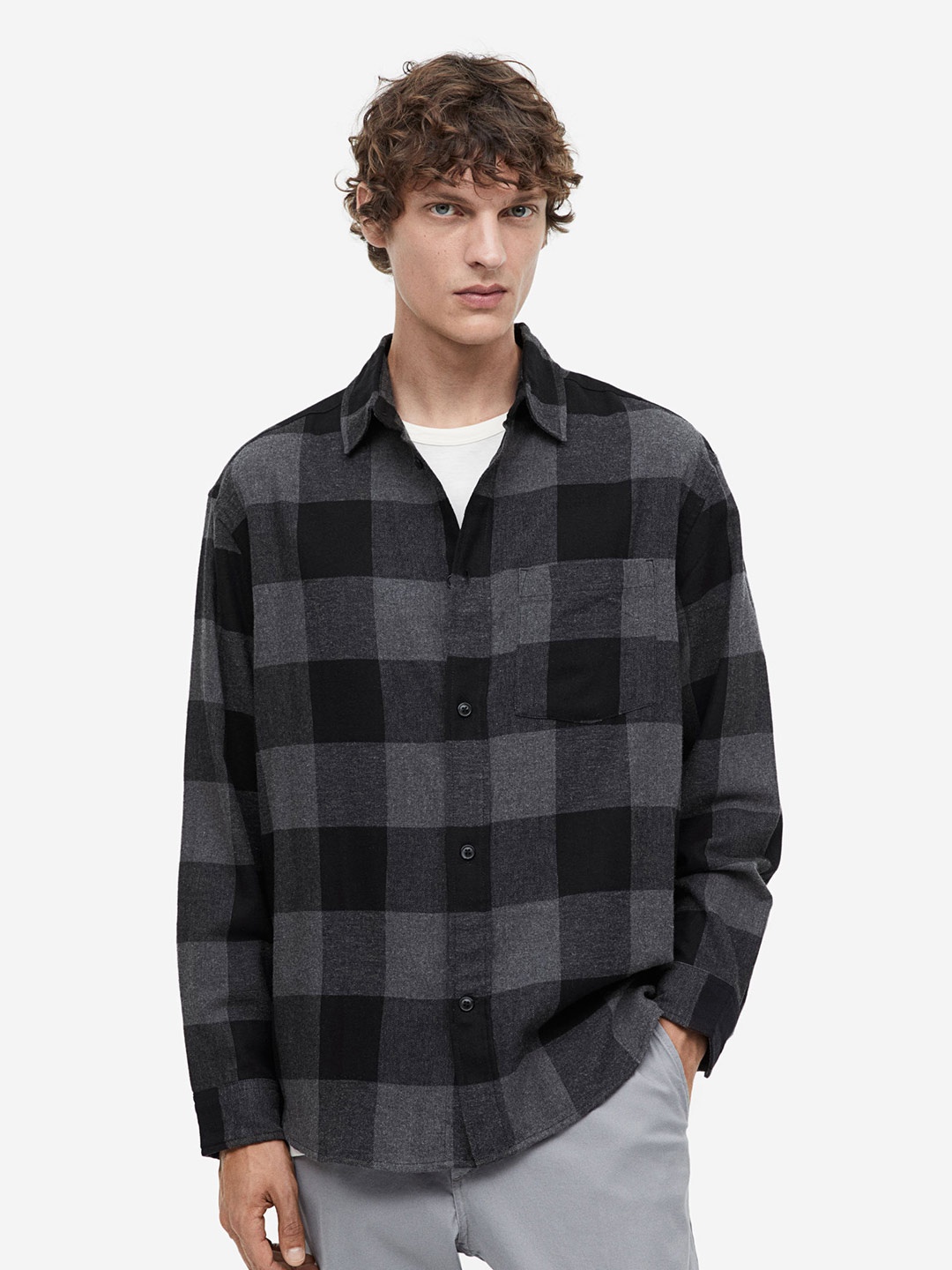

H&M Relaxed Fit Flannel Shirt, Grey
