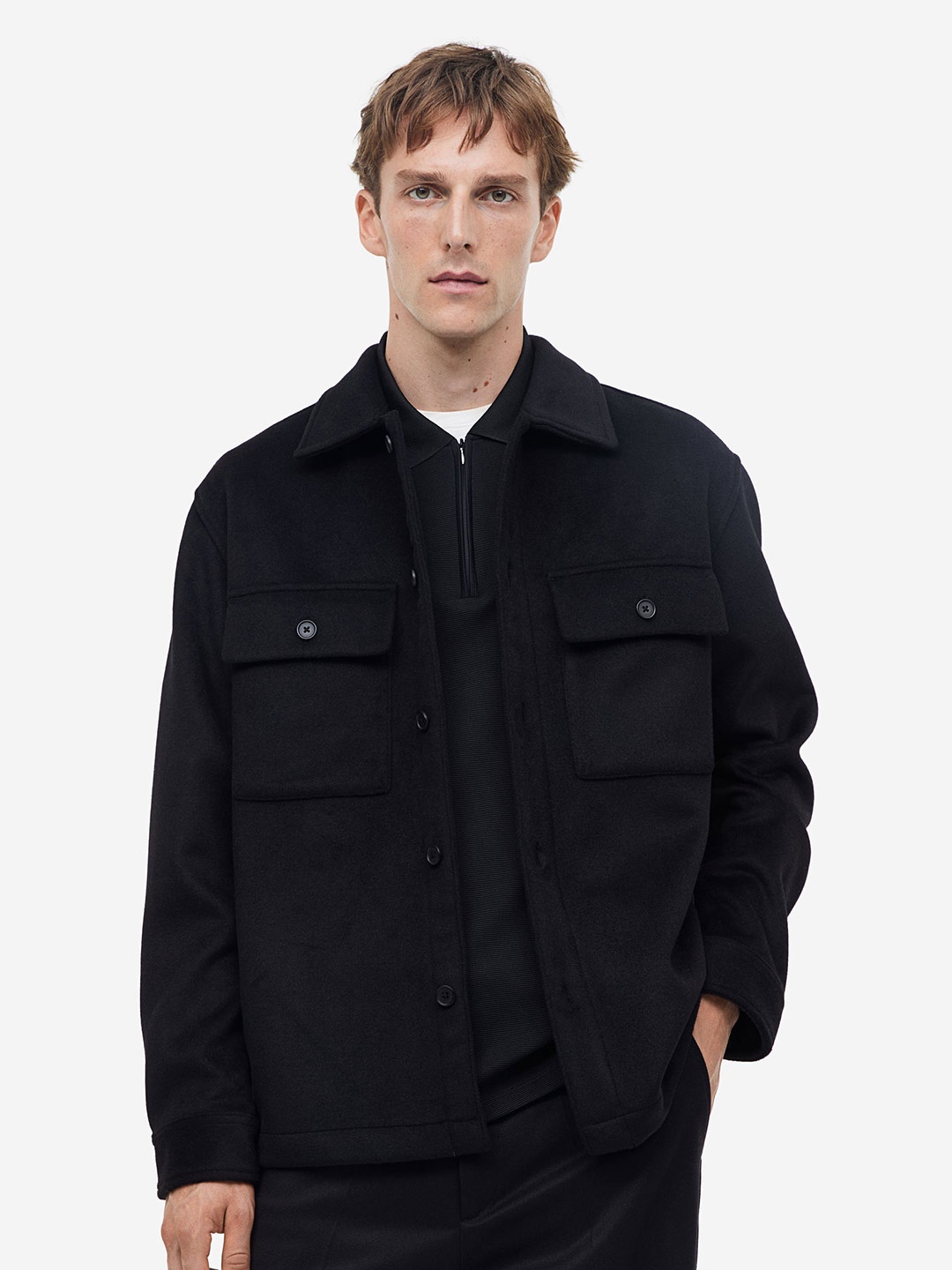 

H&M Regular Fit Wool Blend Overshirt, Black